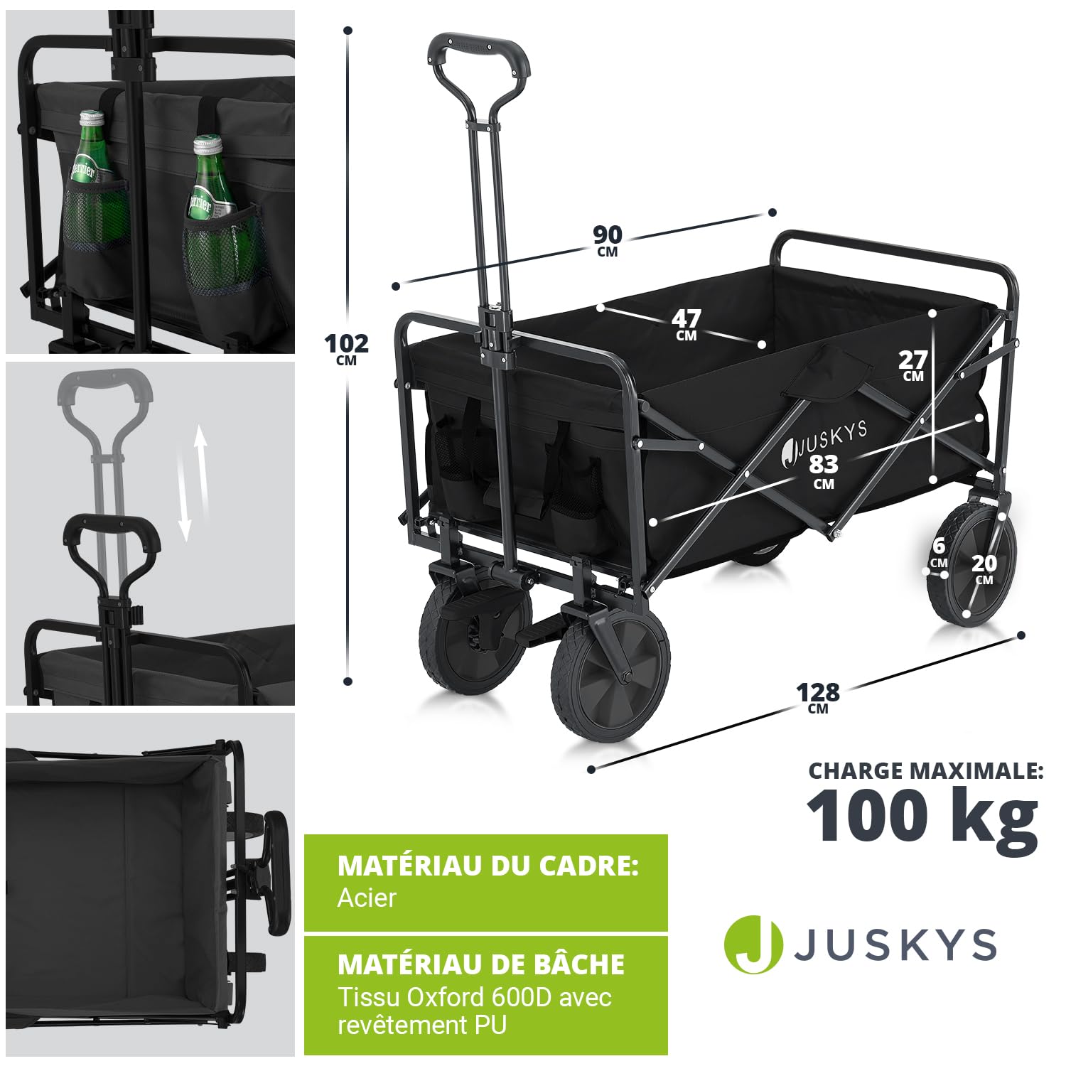 Juskys Chariot de Transport 100 kg – Remorque Pliante – Utilisation extérieure & Camping – Wagon Pliant Noir pour Plage
