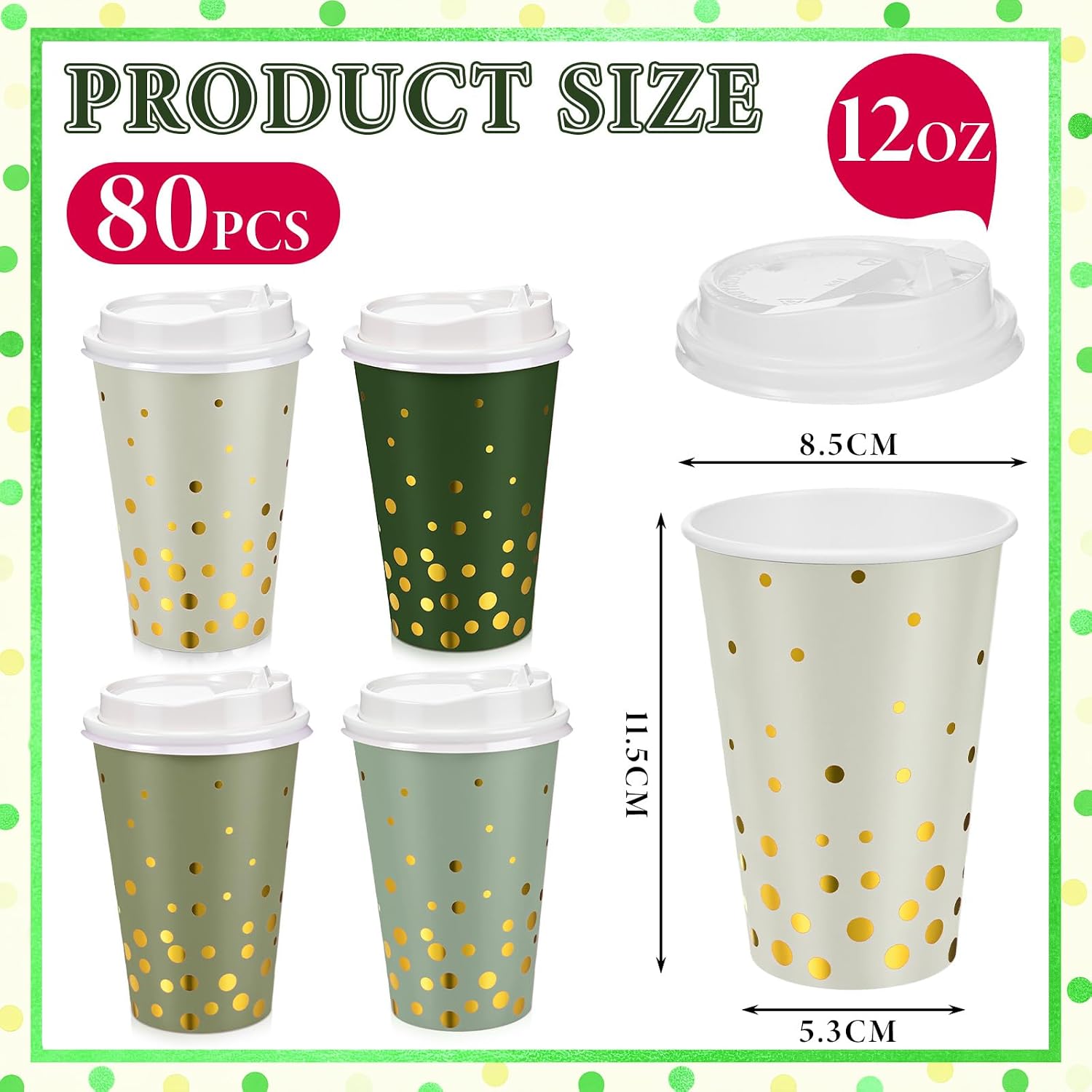 Jingmore 80 Pcs Sage Green and Gold Disposable Coffee Cups with Lids 12oz Gold Foil Dot Gradient Paper Cups for Hot Cold Beverage Water Tea Party Wedding Baby Shower Birthday Supplies