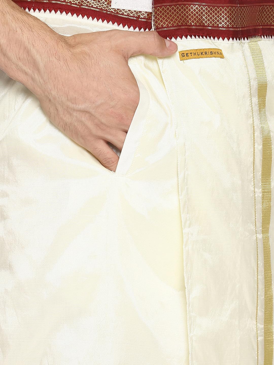 Sethukrishna Men Cream Colour Art Silk Readymade Pocket Dhoti (CREAM) (ONE SIZE) (D145)