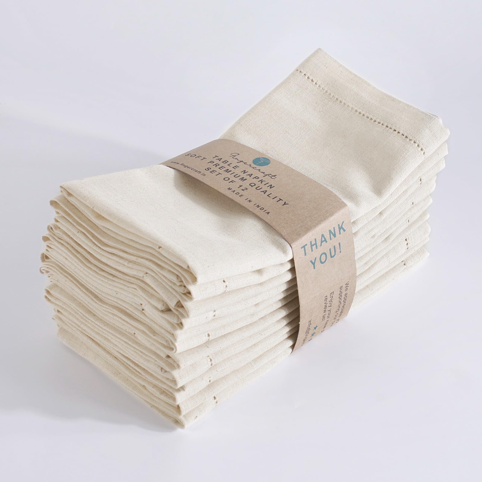FINGERCRAFT Hemstitched Cotton Table Napkins – Set of 6, 20x20 Inch, 100% Cotton Cloth Napkins with Faggoting Stitching – Durable & Elegant for Parties, Hotels, Everyday Use (Ivory Flax)