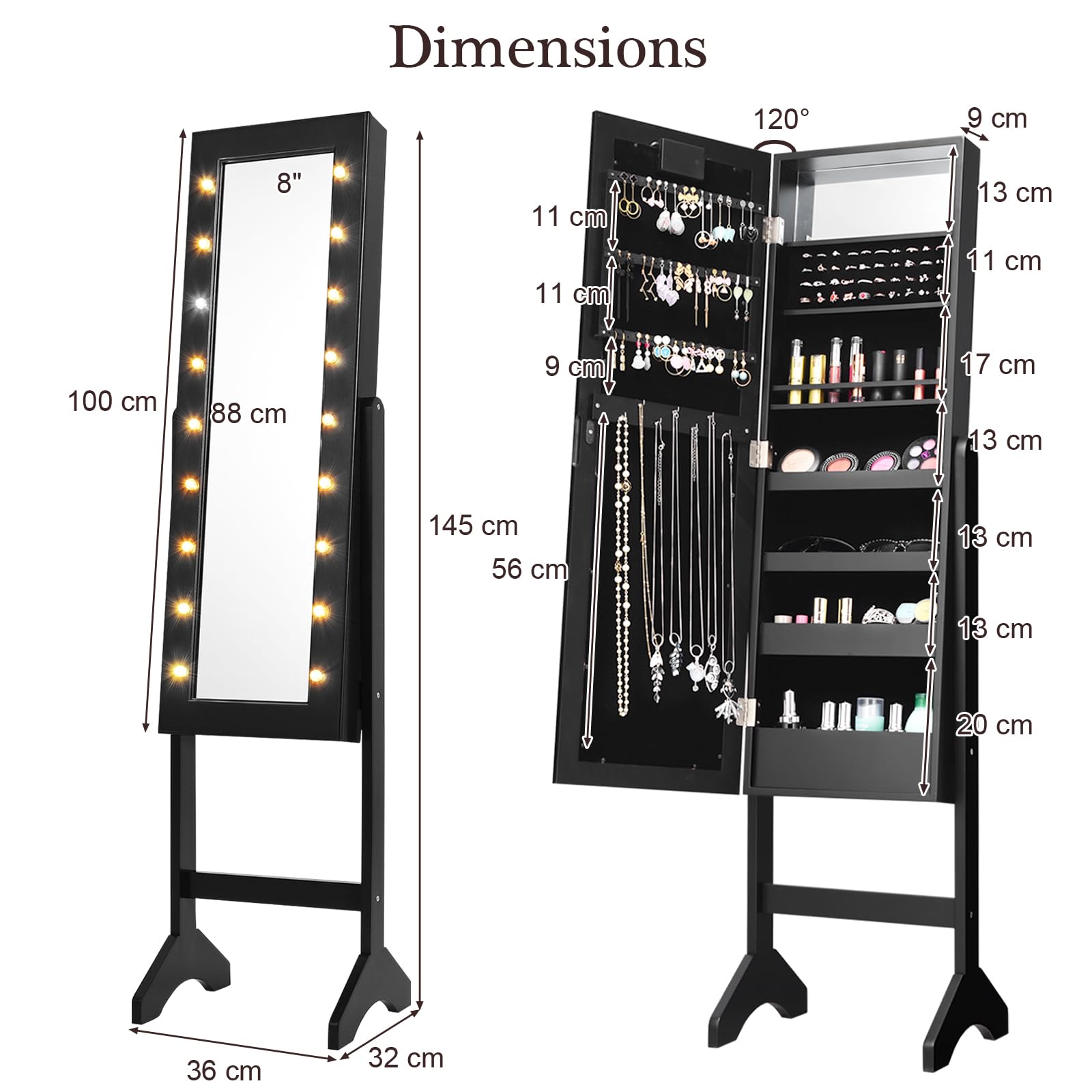 RELAX4LIFE Armoire à Bijoux sur Pieds avec Miroir et Lumière LED, Miroir Bijoux sur Pied avec 4 Couches pour Anneaux, Boucle d'oreille, Bracelet, 16 Rouge à Lèvres, Blanc/Noir (Noir)