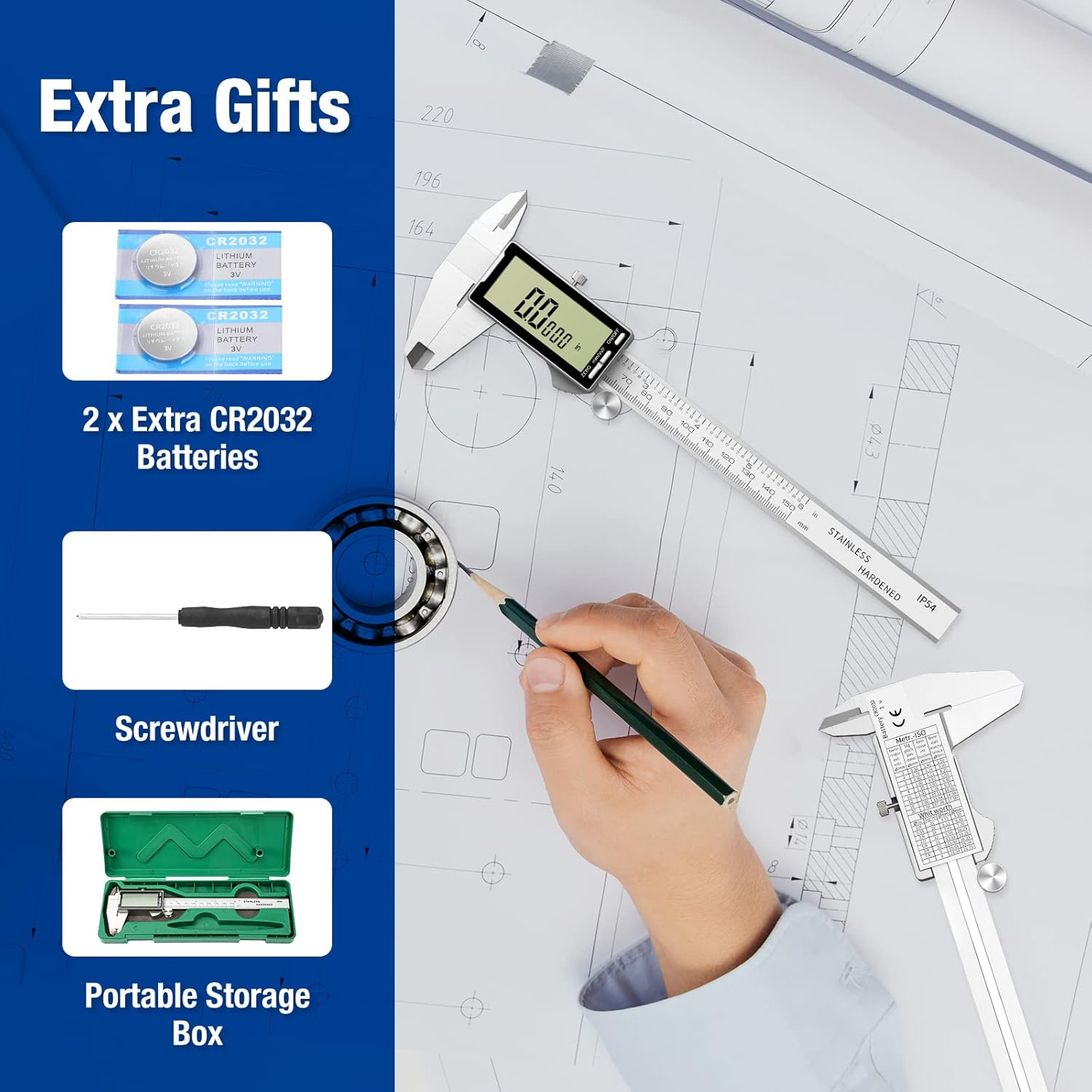 Electronic Digital Caliper 6", Professional Precision Micrometer Calipers, ±0.001"/0.02mm Accuracy, Large LCD Display, Stainless Steel Diameter Measuring for Woodworkers/Jewelers/DIY Projects