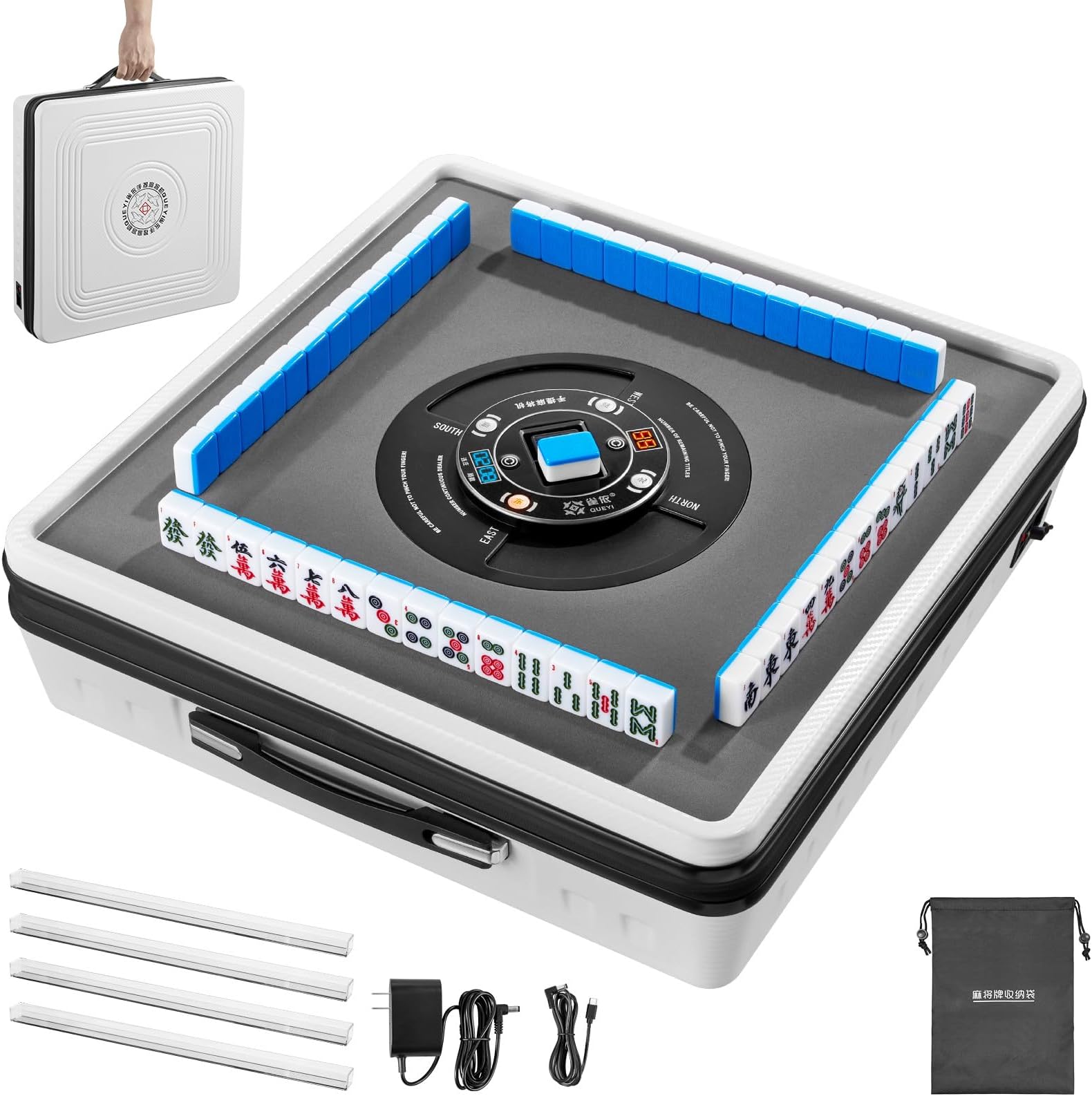 Portable Automatic Mahjong Table - 152 Magnetic Tiles (8 Jokers) | One-Click Shuffling | Supports Chinese & American Rules | Indoor/Outdoor Game Night Table, White