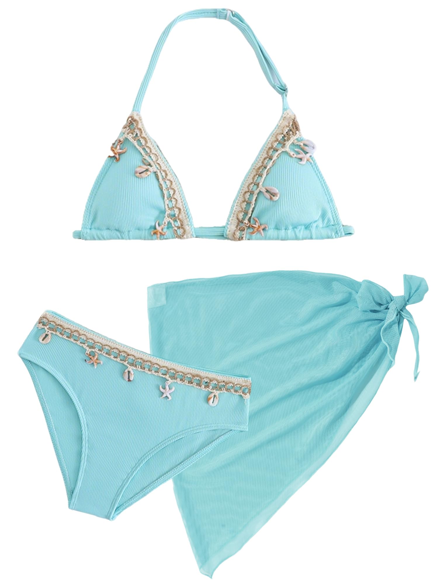 SEAUR Conjunto de bikini para niña, 3 piezas, traje de baño con falda, moderno, decoración de conchas, traje de baño acolchado, 8-12 años