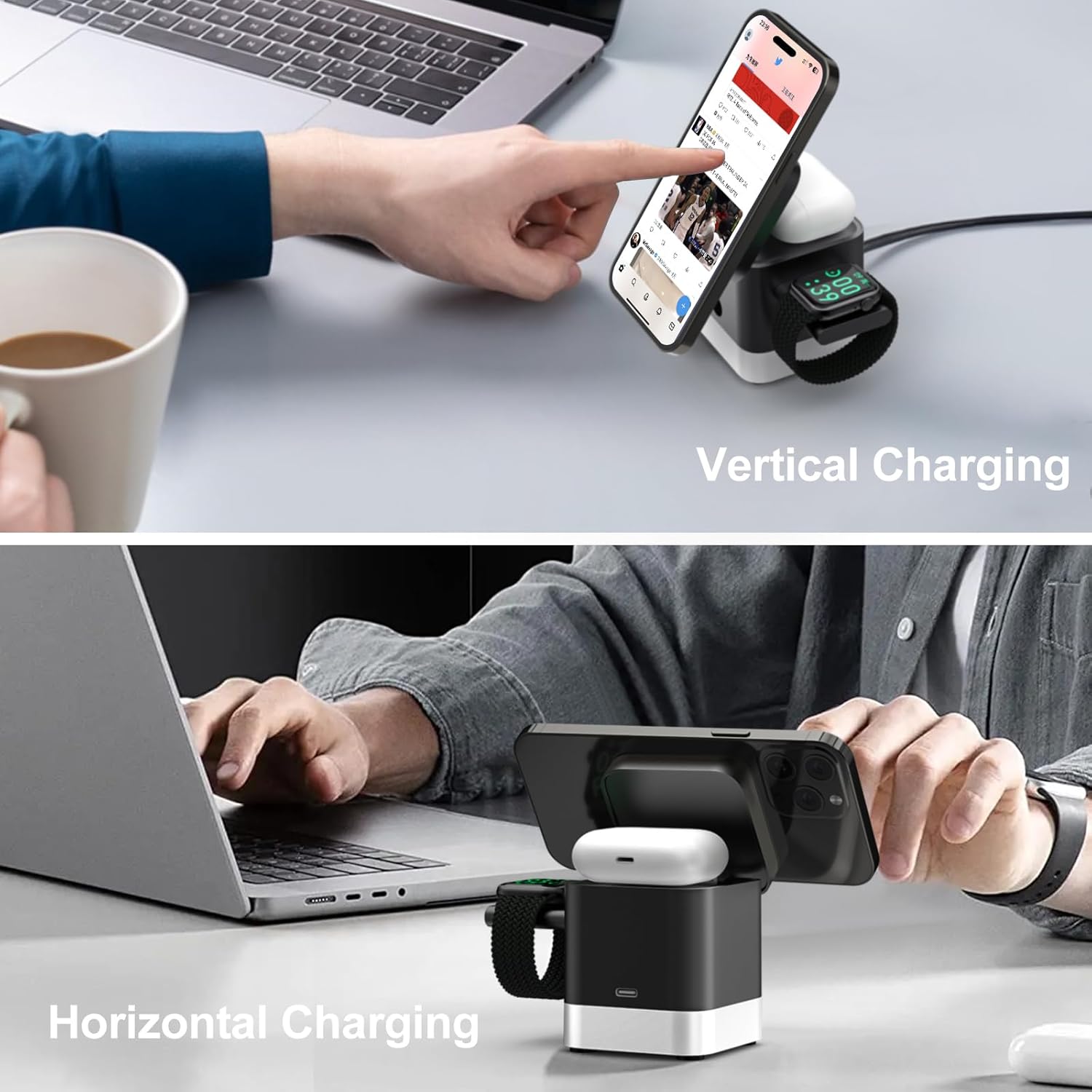 3 in 1 Cube Wireless Charger, Foldable Charger Stand, 15W Fast Wireless Charging Station for iPhone 15/14/13/12 Series, Apple Watch, AirPods (Black)