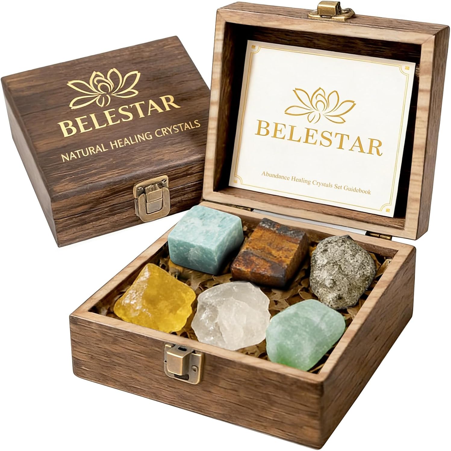7 Chakra Healing Crystals Set - 7 Raw Stones, Wooden Box & Guide