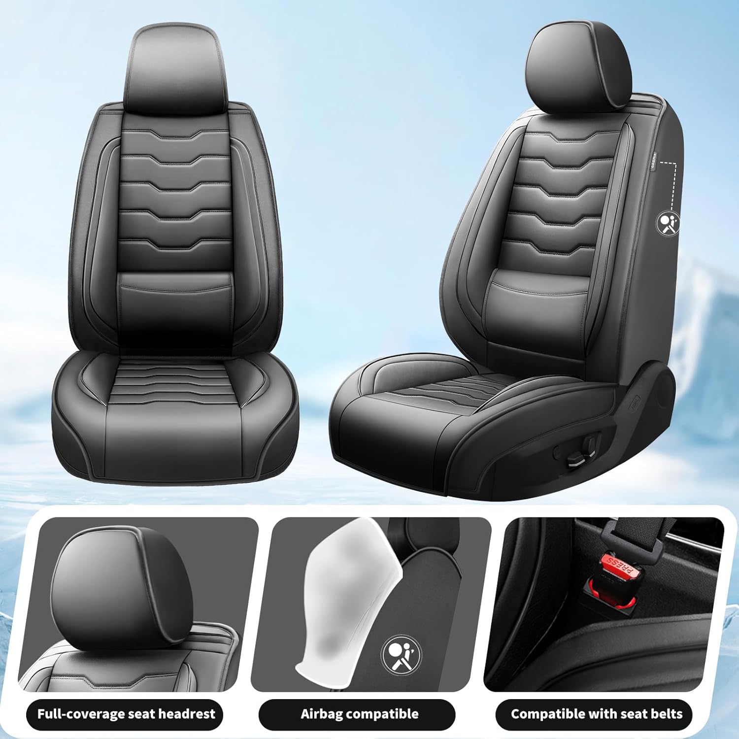 Fit Kona Car Seat Covers for Select Hyundai Kona 2018-2025 2026. Premium Leather, Waterproof， Breathable, Scratch-Resistant & All-Weather Seat Cushion Protector (Full Set, Black)