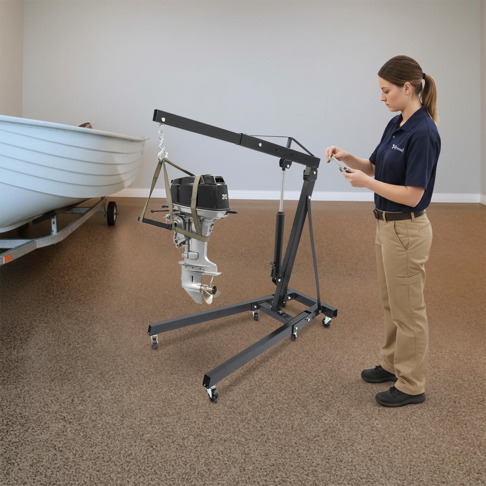 Gru pieghevole da 2 tonnellate, 148 x 90 cm, 0-210 cm, altezza di sollevamento, in acciaio al carbonio, nero, a 4 livelli, per officina, garage, auto, camion, motore
