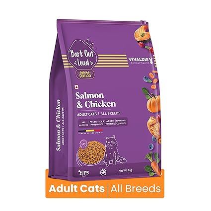 Bark Out Loud by Vivaldis - Adult Dry Cat Food Chicken & Salmon 1 Kg, Protein-Packed Immunity, Growth & Development Booster, contributes to Healthy Heart, Skin, Coat and Eye.