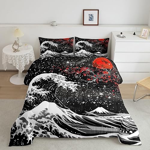 Miniatura 35 de Feelyou - Juego de edredón de olas japonesas tamaño queen para niños, flores de cerezo, edredón para niños, niñas y adolescentes, decoración de Azul