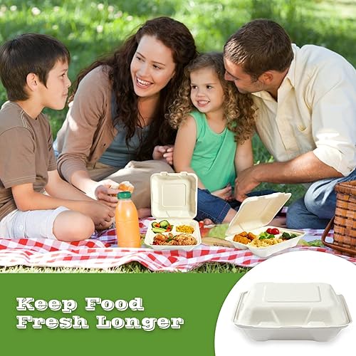 Miniatura 7 de Vplus Recipientes de comida 100% compostables para llevar, paquete de 90 recipientes desechables ecológicos de 8 x 8 pulgadas, 3 compartimentos, 3