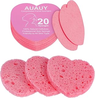 AUAUY 20 Pieces Compressed Face Sponges, Heart Shaped Sponges, Pink | Cellulose Makeup Facial Sponges, 100% Natural Cosmetic Sponges for Facial Cleansing, SPA Massage, Makeup Removal