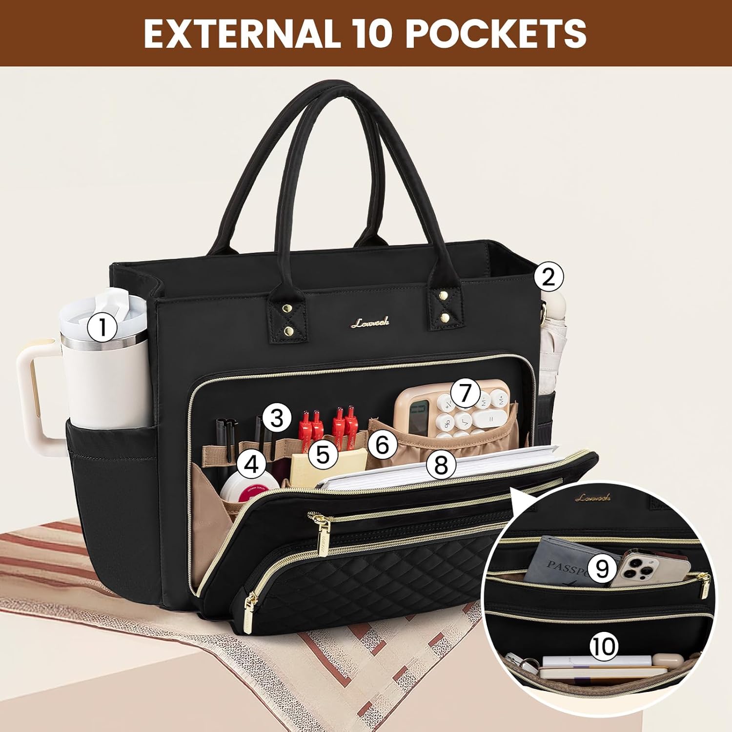 LOVEVOOK Teacher Tote Bag for Women Work, Laptop Bag Work Tote Bag Nurse Bags With Large Cup Holder, Professional Computer Briefcase Business Large Purses Handbag, Diaper Bag Mother Gift, Black - Image 4
