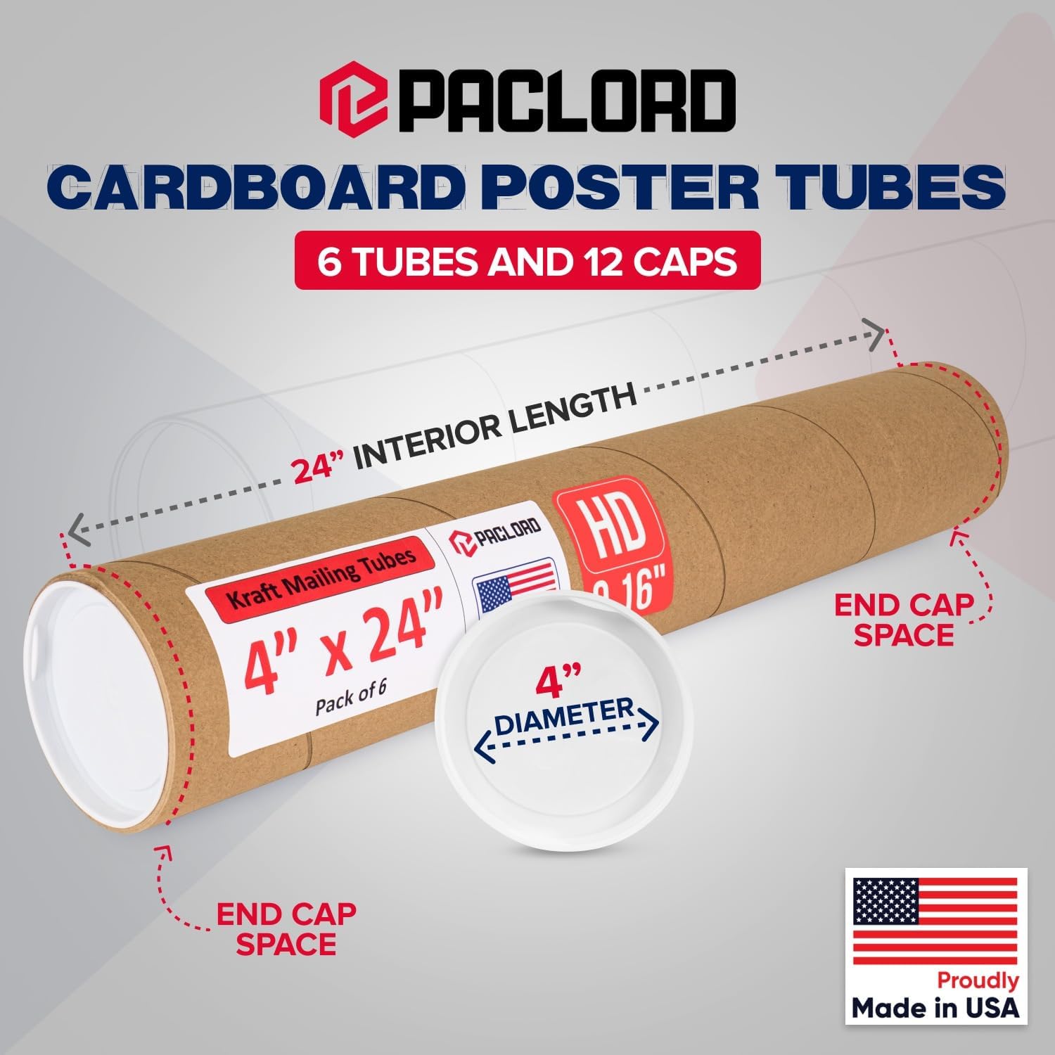 4" x 24" heavy-duty reinforced cardboard mailing tube, pack of 6 tubes with 12 caps – secure usps approved – great for shipping and storing of prints, artwork, posters or documents 2x heavy-duty value pack of 6 4" x 24"