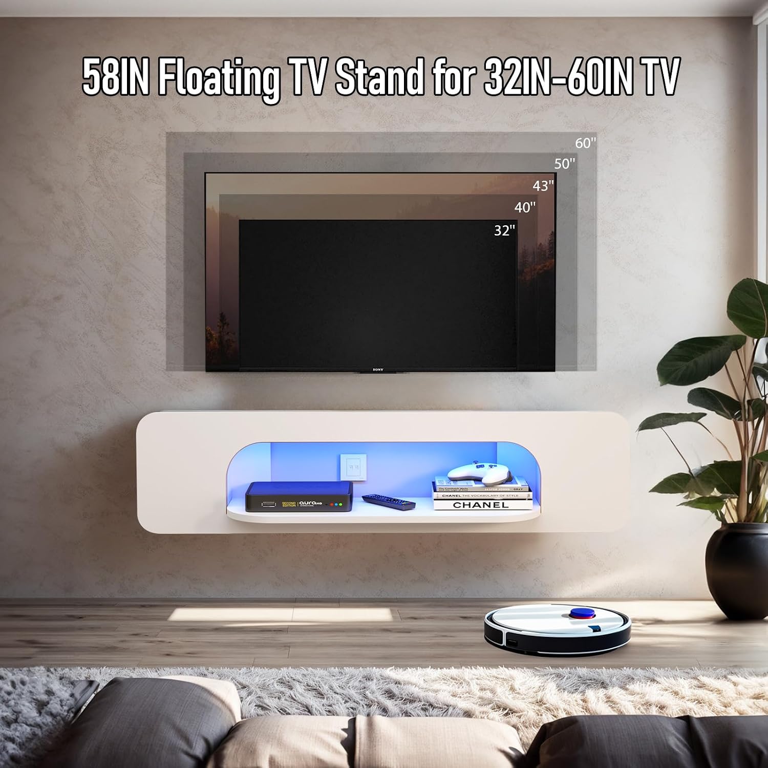 Floating TV Stand with LED Lights, 58'' Wall Mounted TV Shelves with 1 Open Shelf, Modern Entertainment Media Console Center Large Storage Shelf Under TV for Living Room (57.48IN, White)