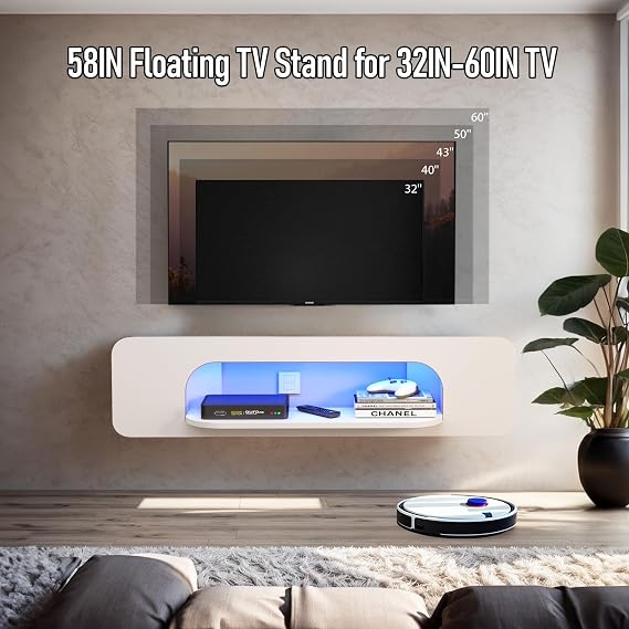 Floating TV Stand with LED Lights, 58'' Wall Mounted TV Shelves with 1 Open Shelf, Modern Entertainment Media Console Center Large Storage Shelf Under TV for Living Room (57.48IN, White)
