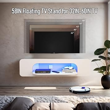 Floating TV Stand with LED Lights, 58'' Wall Mounted TV Shelves with 1 Open Shelf, Modern Entertainment Media Console Center Large Storage Shelf Under TV for Living Room (57.48IN, White)