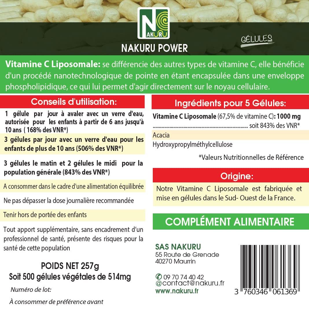NAKURU | Vitamine C Liposomale | NAKURU Power | Fabriqué en France | "La Révolution Nanotechnologique !" | (500 Gélules Végétales de 514mg / Poids Net: 257g)