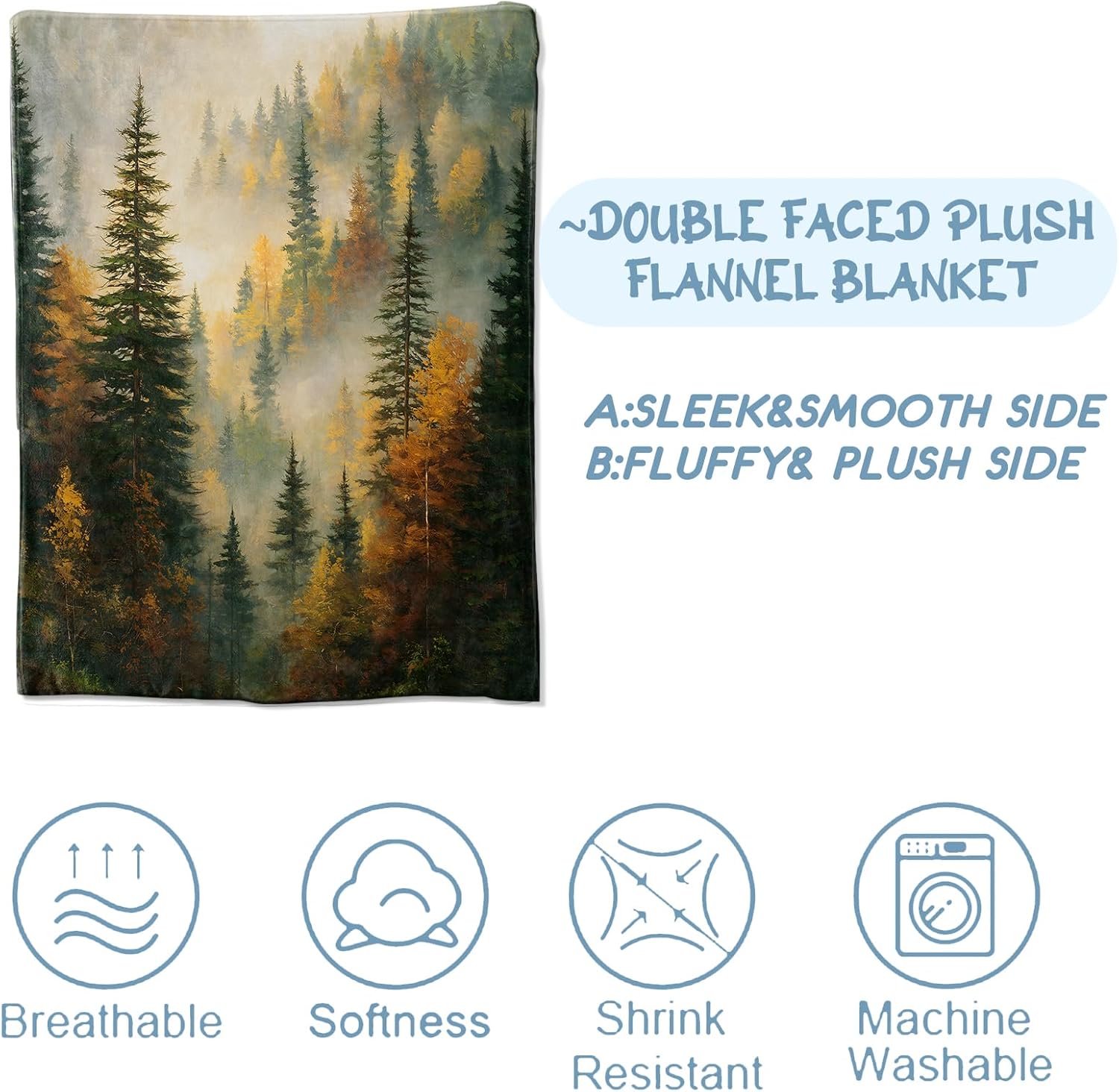 Misty Autumn Forest Blanket, Fall Tree Blankts, Gifts for Women and Nature Lovers, Home Dorm Cabin Pet Area Picnic and Travel Decor, Soft Cozy Lightweight Flannel Throw,50"x60"