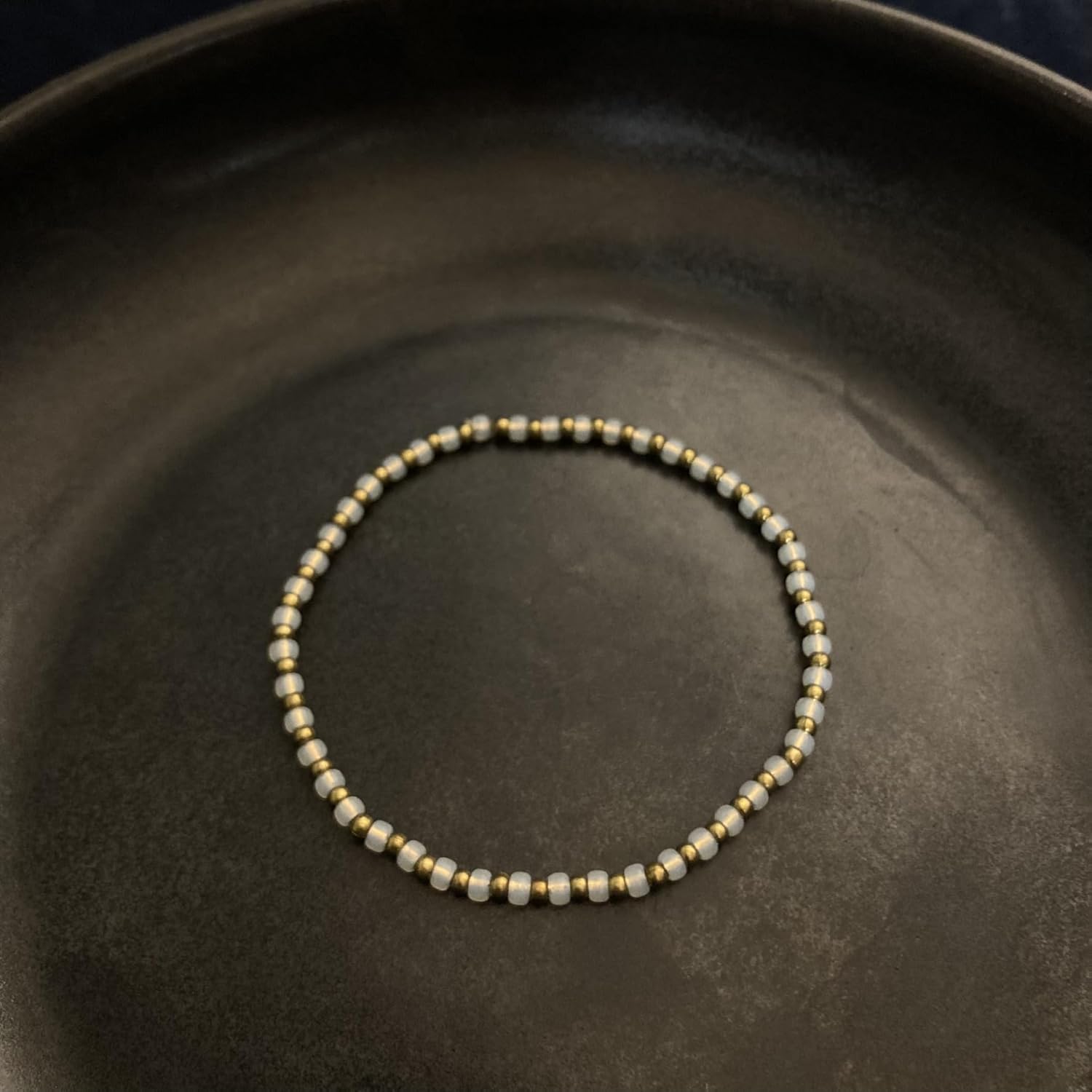 Handmade White Glass Beaded Stretch Bracelet with Solid Brass Accents | Minimalist Boho Style Jewelry for Women - Image 6