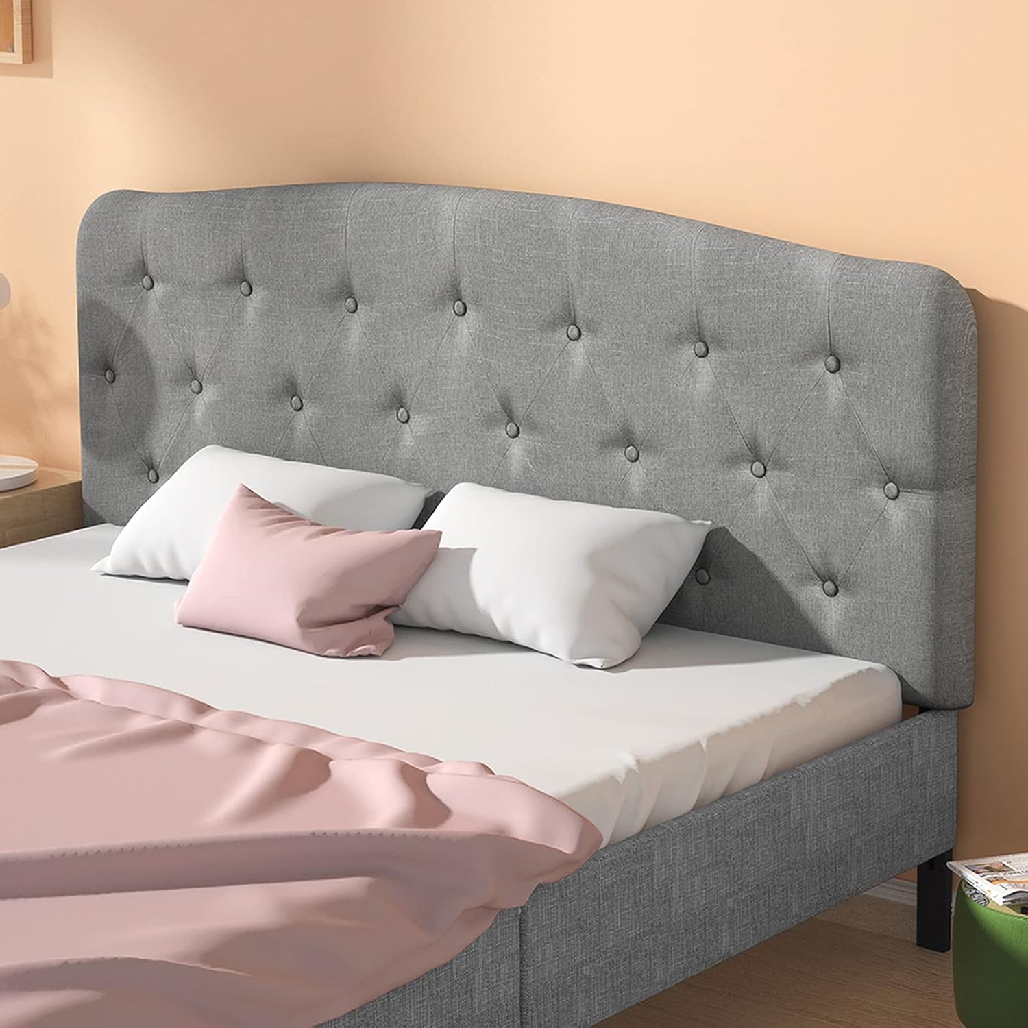 Giantex Upholstered Headboard, Button Tufted Headboard, Adjustable Height from 38’’ to 53’’ Platform, Full Size, Easy Assembly, Modern Fabric Furniture for Bedroom, Light Grey
