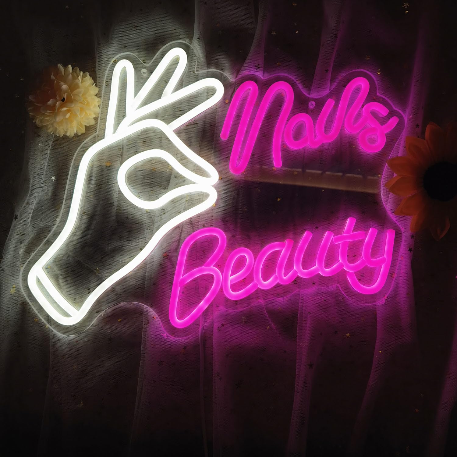 HFHungkeong Nails Neon Sign Neon Light Up Signs for Beauty Room Wall Decor，Nails Salon Neon Sign Dimmable Neon Light for Wall Decor Powered by USB，Pink+White