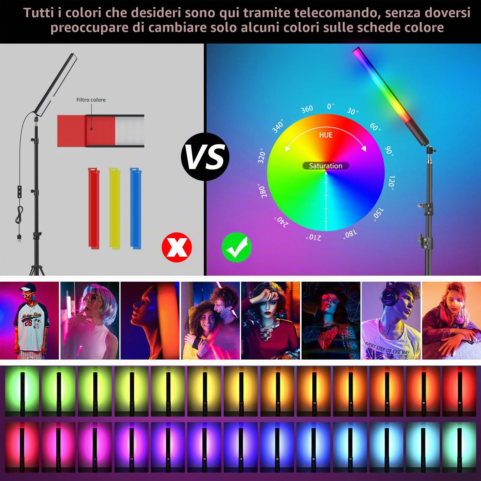 1 lampada video LED RGB per fotografia, luce a colori 2500 K-6500 K CRI95+, luminosità regolabile da 0 a 100%, con display LCD, treppiede da 0,75 m a 2,08 m e telecomando
