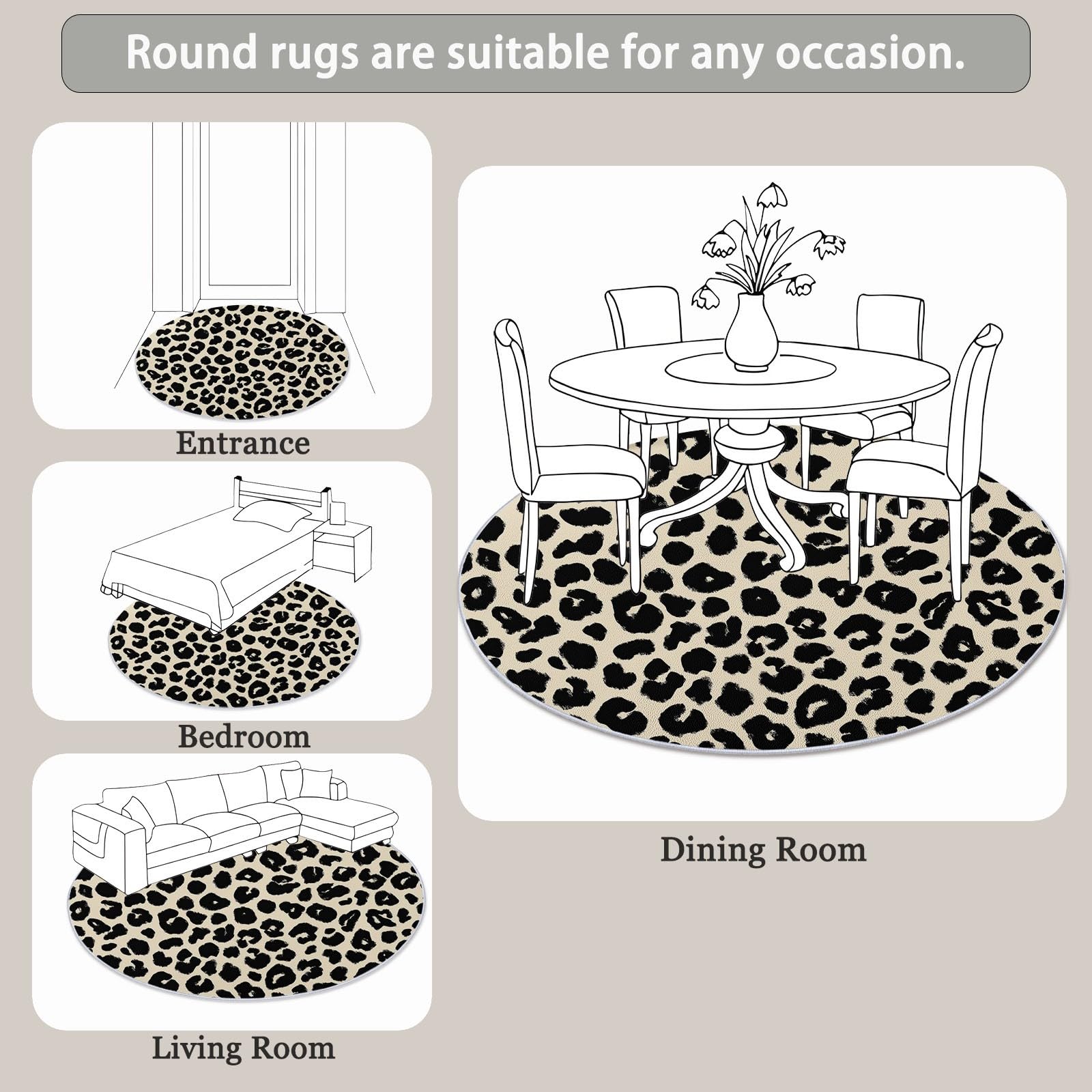 Générique Tapis Rond 160 cm Salon, Design Minimaliste Abstrait Imprimé Léopard Déco Crème Tapis Lavable en Machine et Antidérapant - Idéal Bureau et Fauteuil Roulant Style Moderne