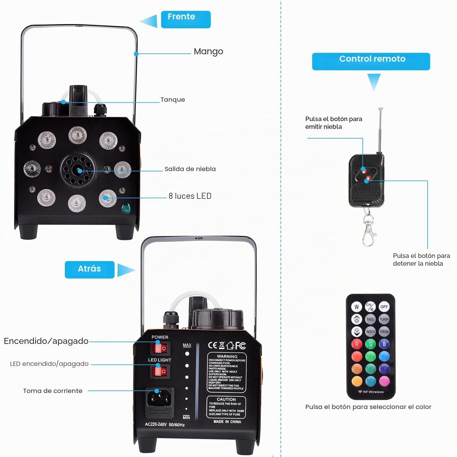 HAKUTA Máquina de Humo a Prueba de Lluvia, 8 LED con 4 Efectos para Fiestas | Resistente a Salpicaduras, Luces y Humo Control Independiente, 2 Mandos, 13 Colores, 300ml, para Bodas/Halloween/DJ