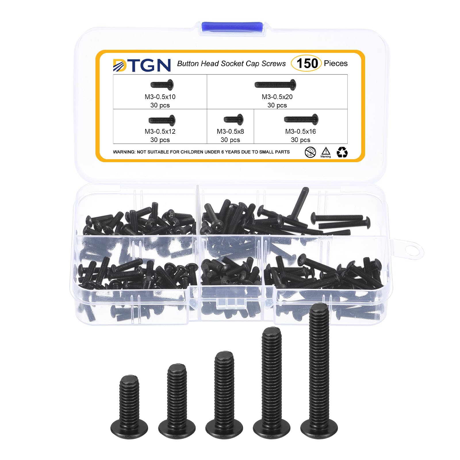 DTGN 150Pcs M3-0.5x8/10/12/16/20mm Button Head Socket Cap Screws, Carbon Steel Bolt Set Assortment Kit