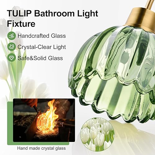Miniatura 3 de Lámparas de baño (3 luces, 20 pulgadas), luces de tocador de oro cepillado para baño con pantalla de cristal de tulipán verde acanalado, luces de