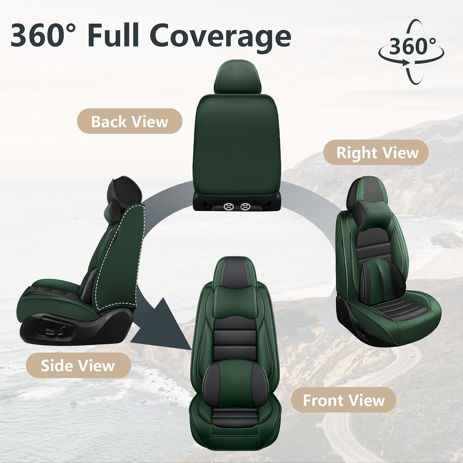 Car Seat Covers for Nissan Kicks 2018-2025, Nappa Leather Car Seat Cover Waterproof Cushions Luxury Seat Protectors (Black Green,Full Set with Pillow)