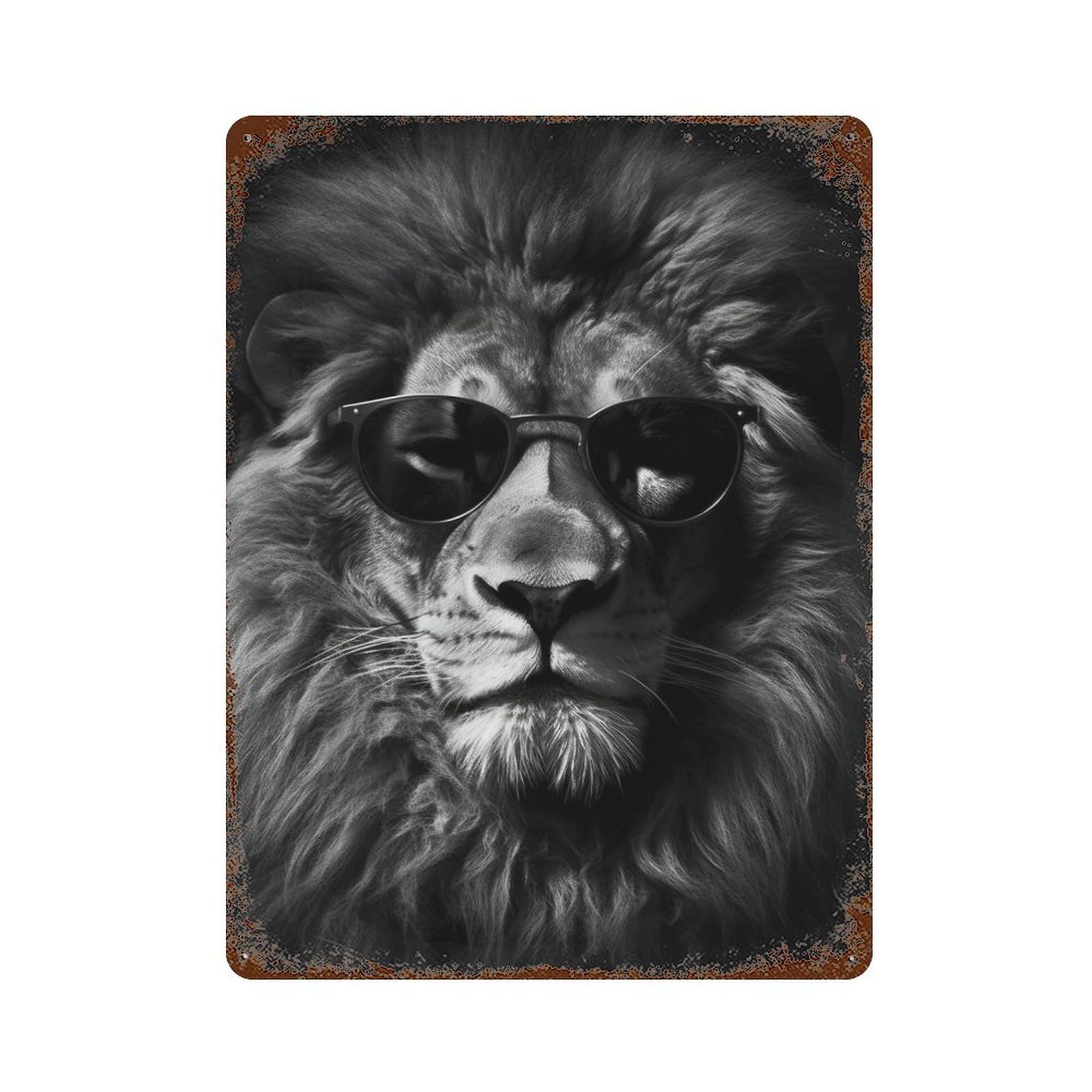Lion Sunglasses 15.7"x11.8" Rustic Tin Plaque, Farmhouse Wall Decor for Basement, Hobby Room And Garage Decor