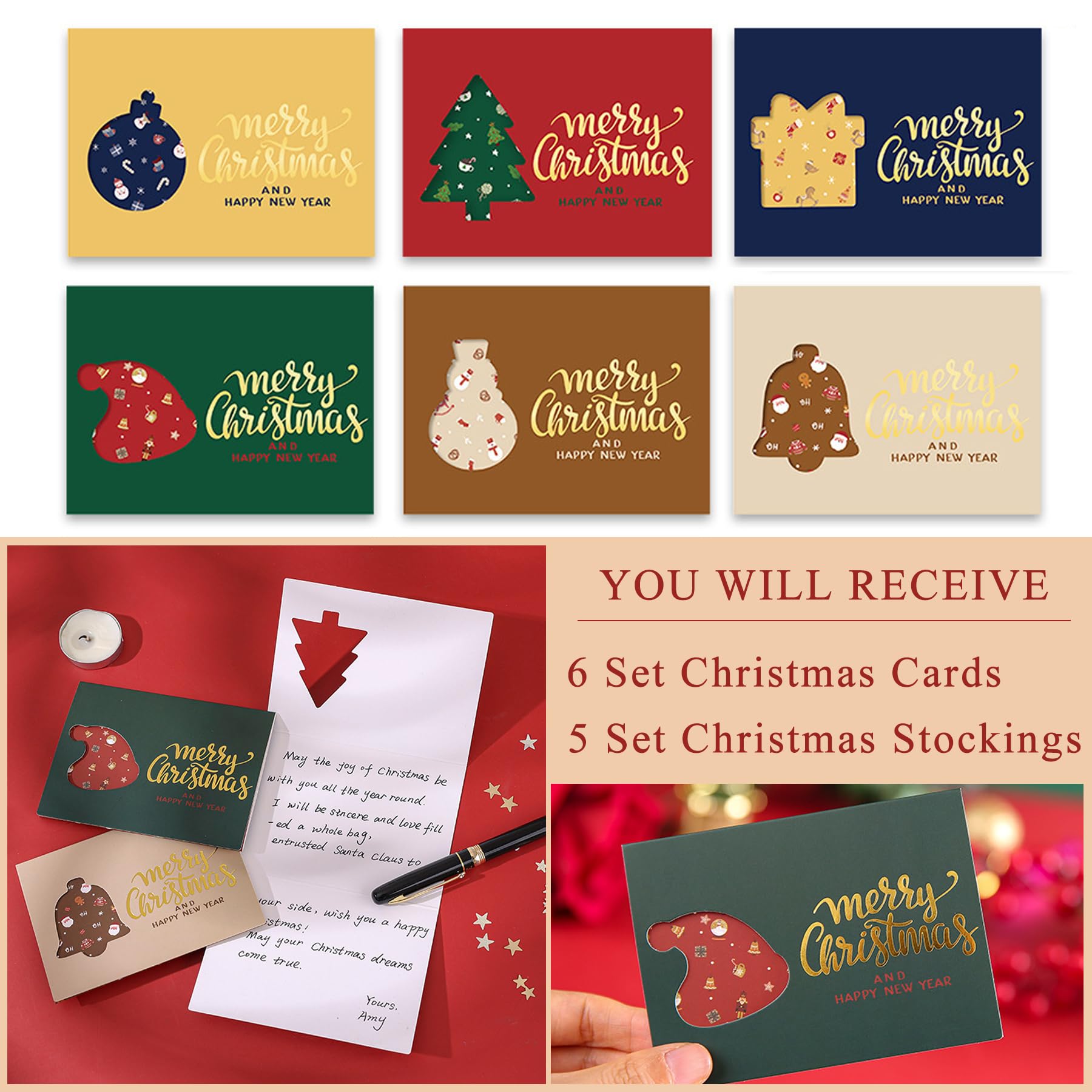Roycraft Weihnachtsstrümpfe, 5 Stück, Samt, Gold, 48,3 cm, rote Pailletten, Weihnachtsstrümpfe, Kamin, hängende Ornamente, für Familiendekorationen, Urlaub