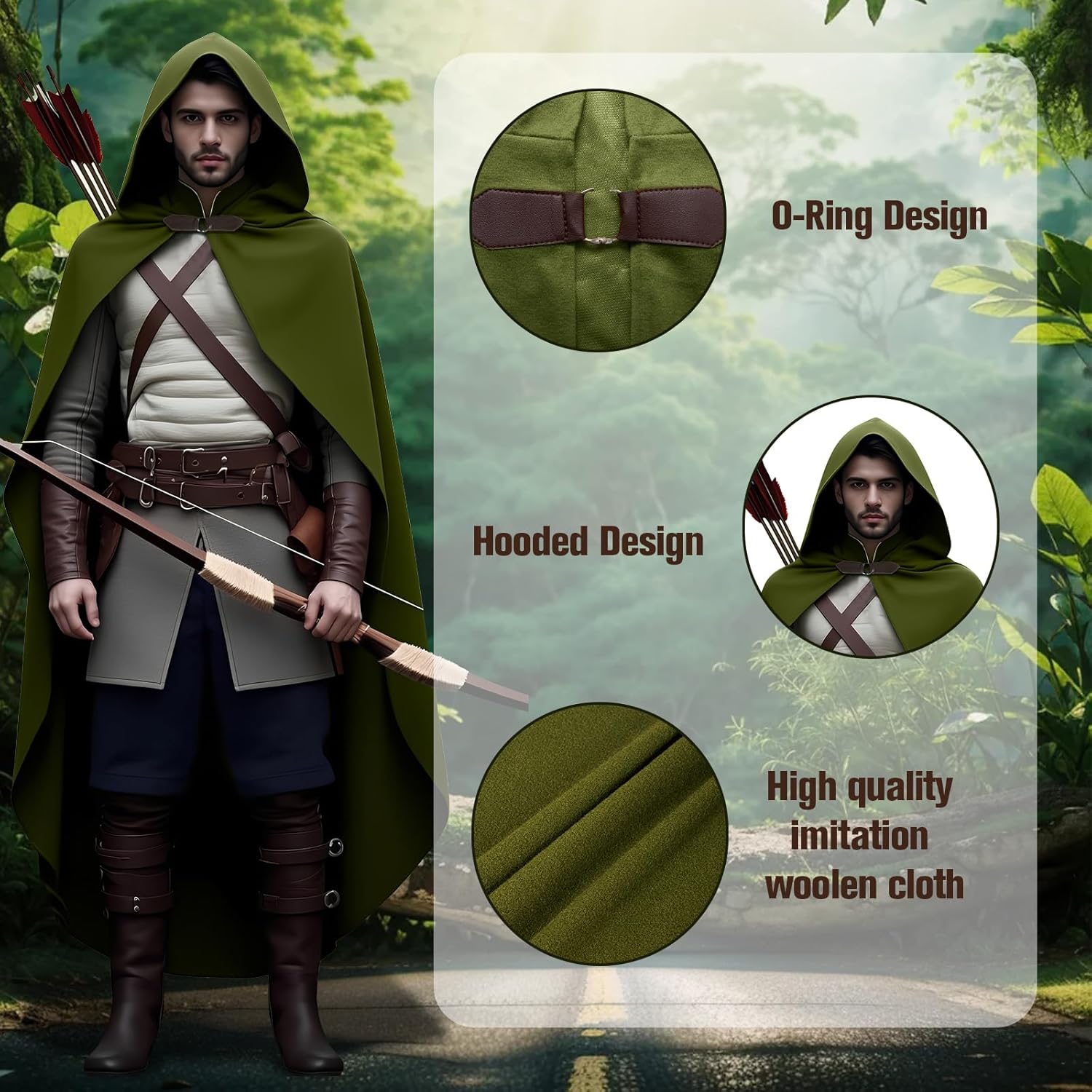 Men's Medieval Hooded Cape Velvet Cloak Renaissance Victorian Vintage Capelet Halloween Sorcerer Cosplay Costume - Image 3