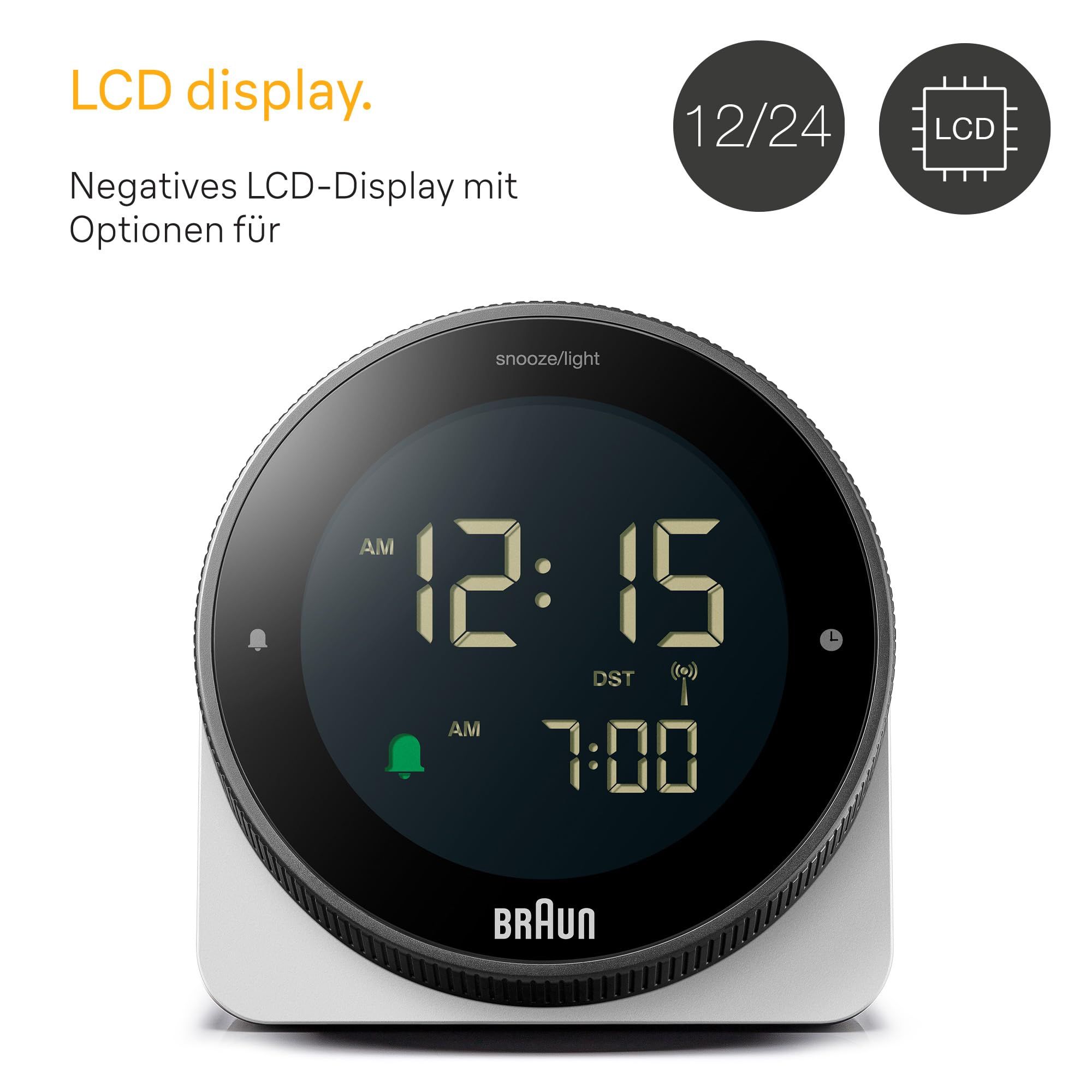 Braun digitaler Funkwecker für die mitteleuropäische Zeitzone (DCF) mit Schlummerfunktion, umgekehrtem LCD-Display, drehbarer Lünette für schnelle Zeiteinstellung, Piepton-Alarm in Weiß, BC24W-DCF