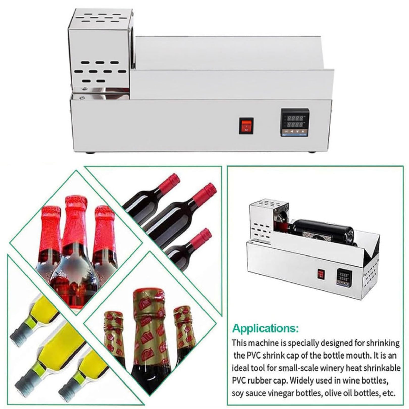 Elektrische Schrumpfmaschine 600W, Einstellbare Temperatur mit Digitalanzeige, Edelstahl Schrumpffolie für Kronkorken bis 80mm Durchmesser, Höhe 300mm