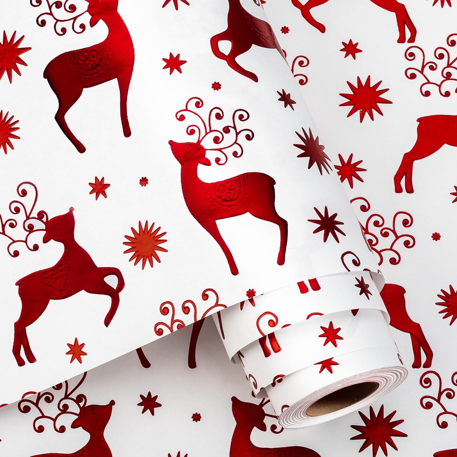 Yarcony Kraft Christmas Wrapping Paper, 3D Deer Wrapping Paper, Luxury Red and White Deer Christmas Gift Wrap, Festive Gift Packaging for Winter Holiday(Mini Roll, 17 Inch X 33 Feet) — image 1