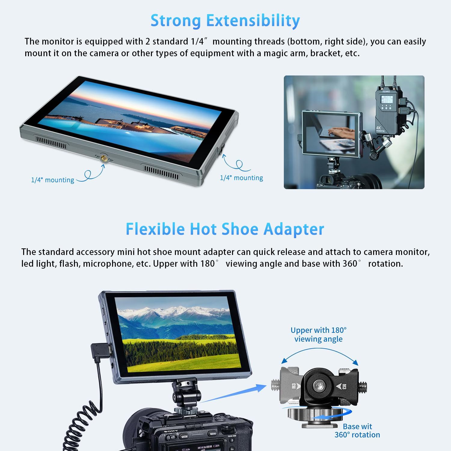 FEELWORLD FW759 Pro Ekran dotykowy do kamery Monitor polowy 7 cali Peaking Video Assist, 300g, 4K HDMI 1280X800 Kompatybilny z DSLR z daszkiem, uchwyt na DC, Type-C i NP-F Zasilanie