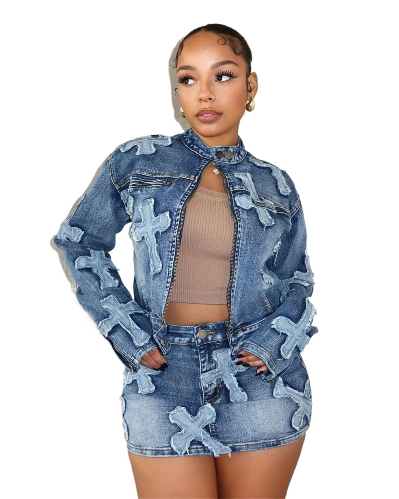 Set Minigonna in Denim Club 1 Pezzo da Donna Elegante in Due Pezzi Jeans Club Coordinato Top + Gonna Cargo per Vacanze E Feste