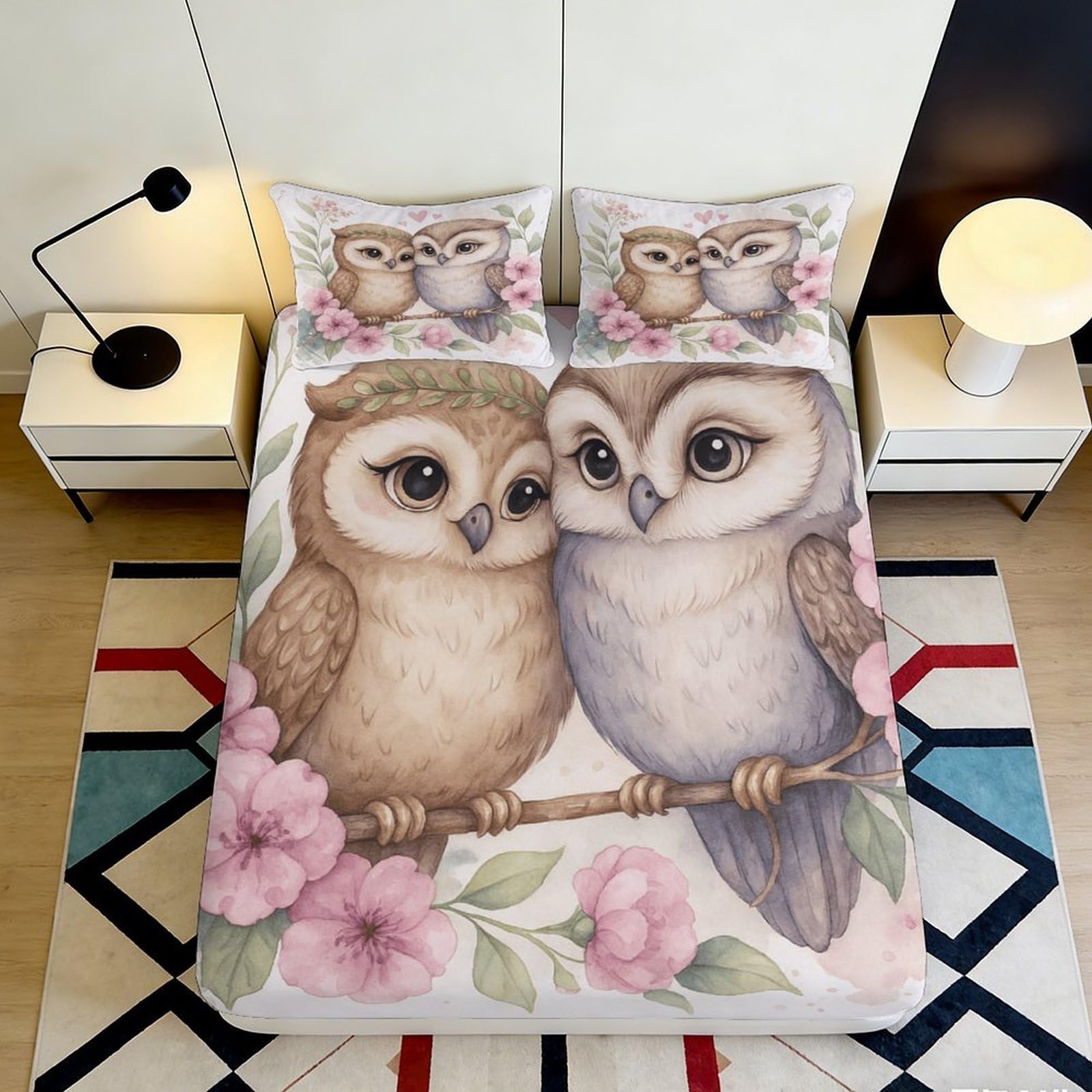 Pnayamiorkfel Style-5 3D Printed Cute Owl Fitted Sheet Microfiber Soft Pink Floral Bird Mattress Cover For Bedroom Dorm Mattress Protection Decor 90X200x25cm