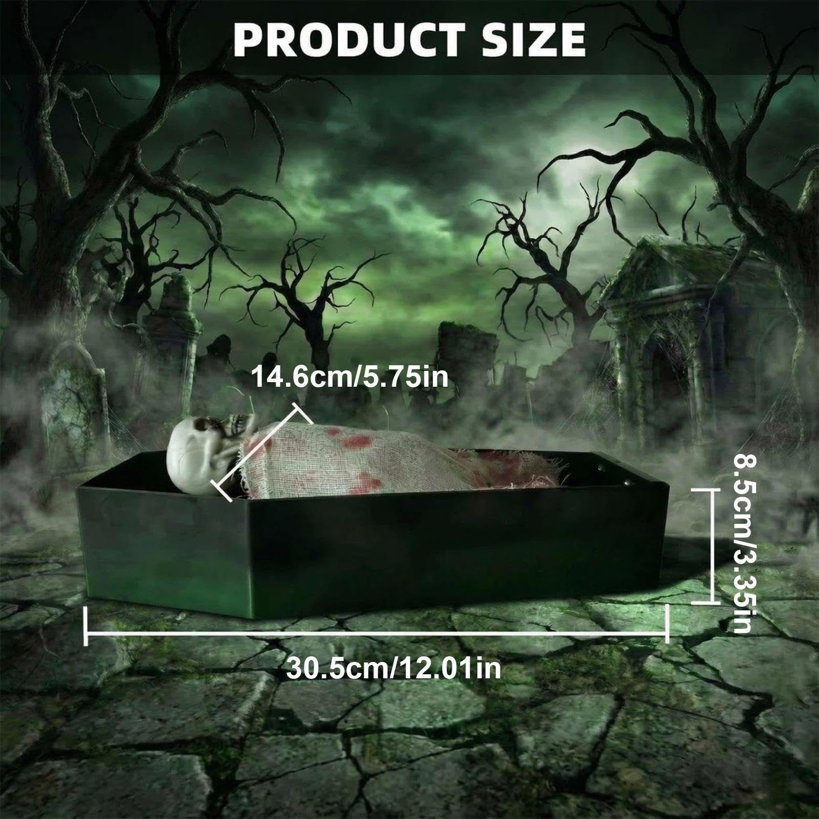 Esqueleto de Halloween Accesorio De Terror Activado Por Voz En Ataúd | Decoración de Halloween para Exterior Esqueleto con Sonidos Aterradores y Luz LED Verde Para Patio Casa Encantada