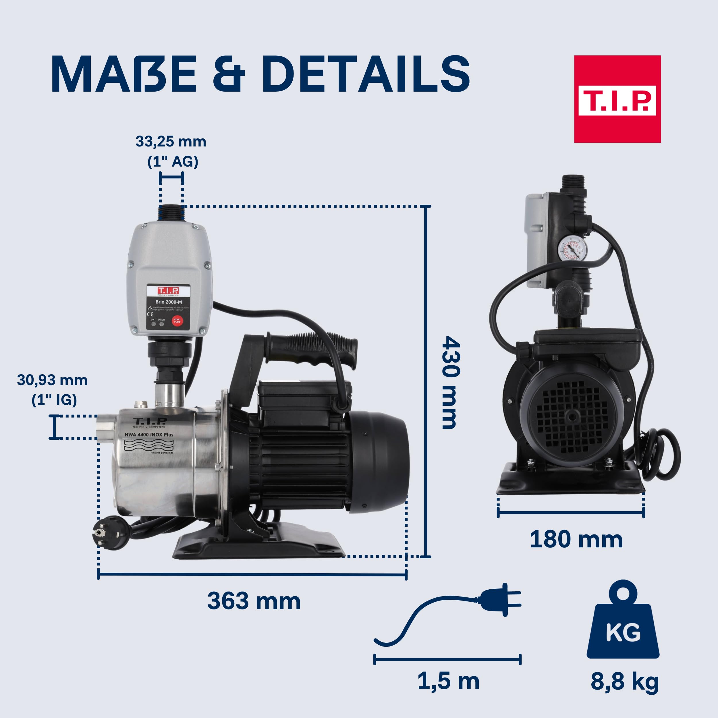 T.I.P. Edelstahl Hauswasserautomat - 4250 l/h Kapazität, 44 m Förderhöhe, 900 W Power, Automatiksteuerung - Ideal für druckabhängige Wasserversorgung, HWA 4400 INOX, 31192