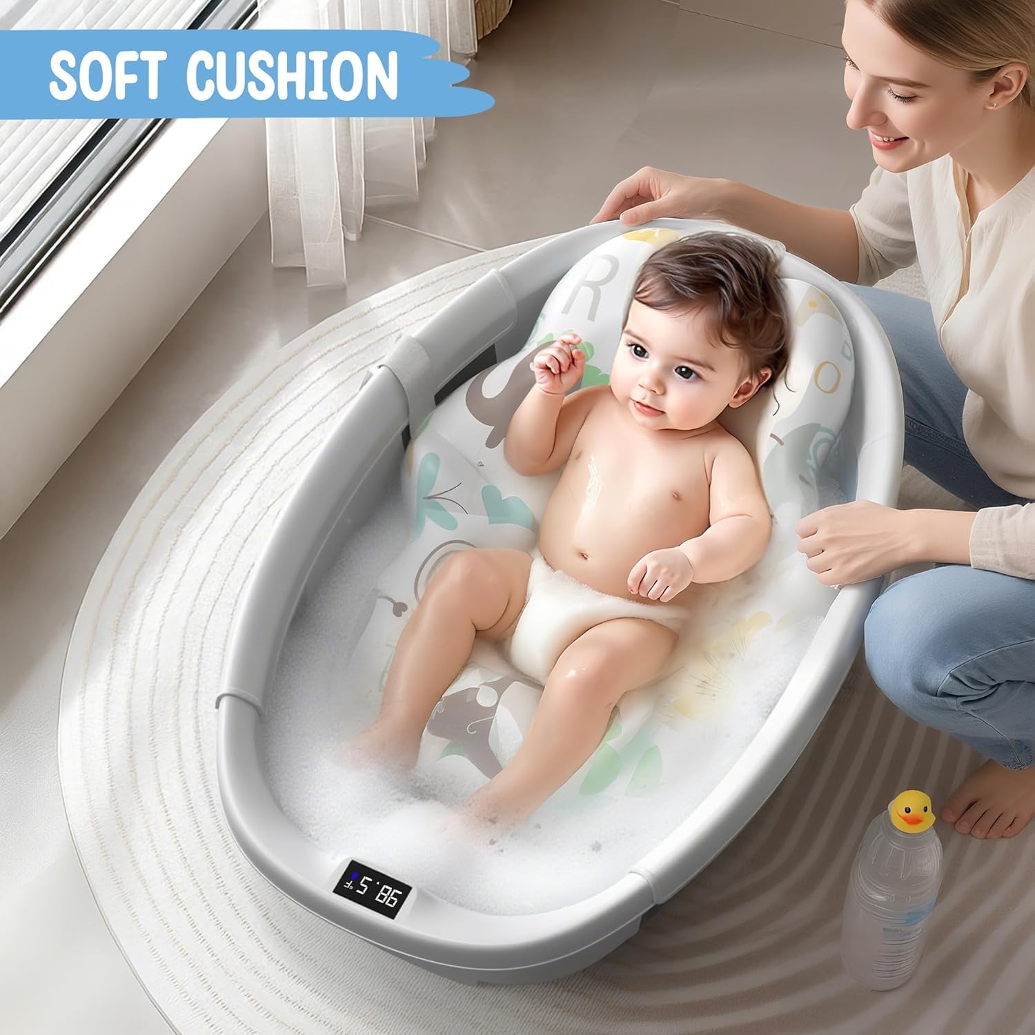 Vasca Da Bagno Per Bambini Pieghevole Con Rilevatore Di Temperatura A Forma Di Panda. Include Cuscino Imbottito. Per Neonati 0-36 Mesi. Pratica E Portatile.