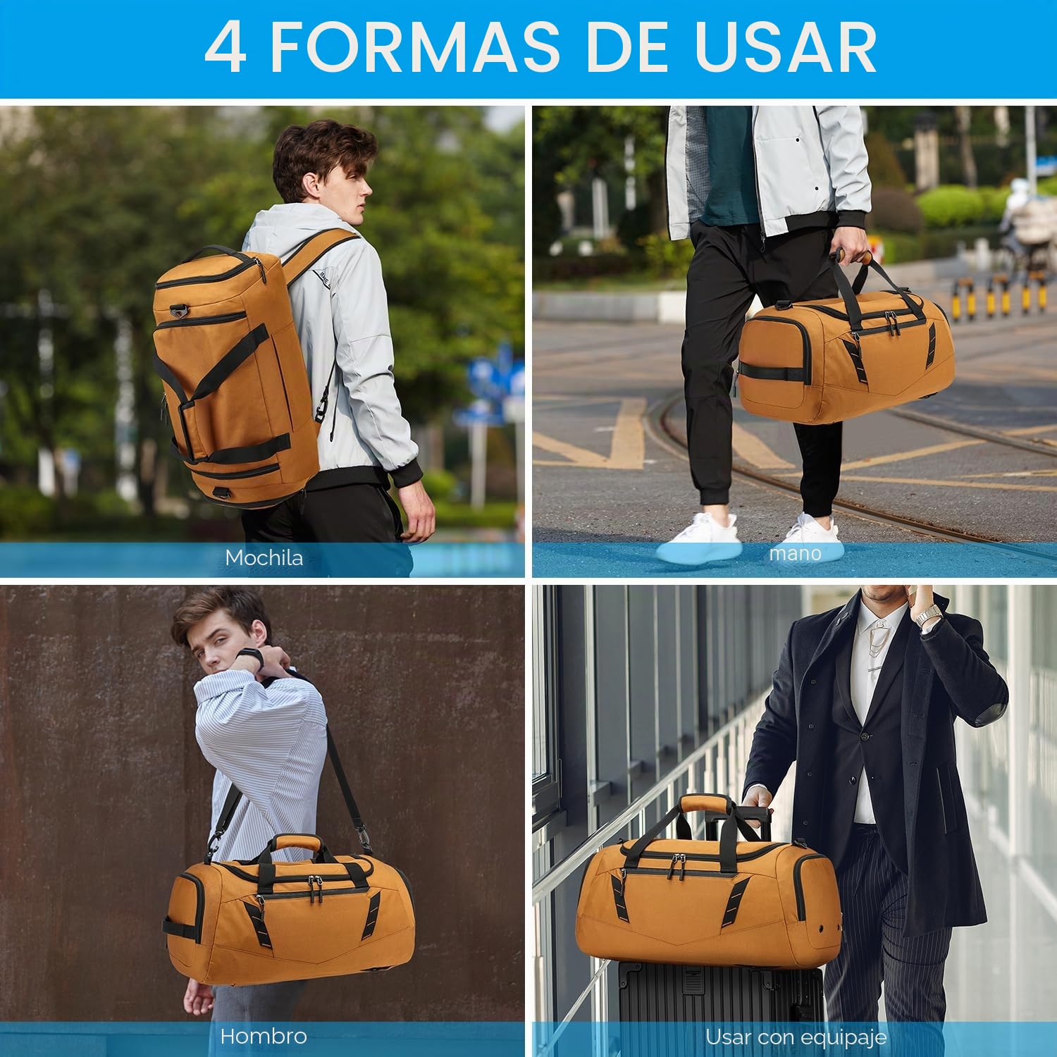 Bolsa de Viaje Hombre 40L Bolsa Deporte con Zapatos y Compartimentos Húmedos + Cinturón de Mochila Deportivo Viaje Gimnasio Natacion Boxeo Travel Duffle Bag Mujer, Marrón