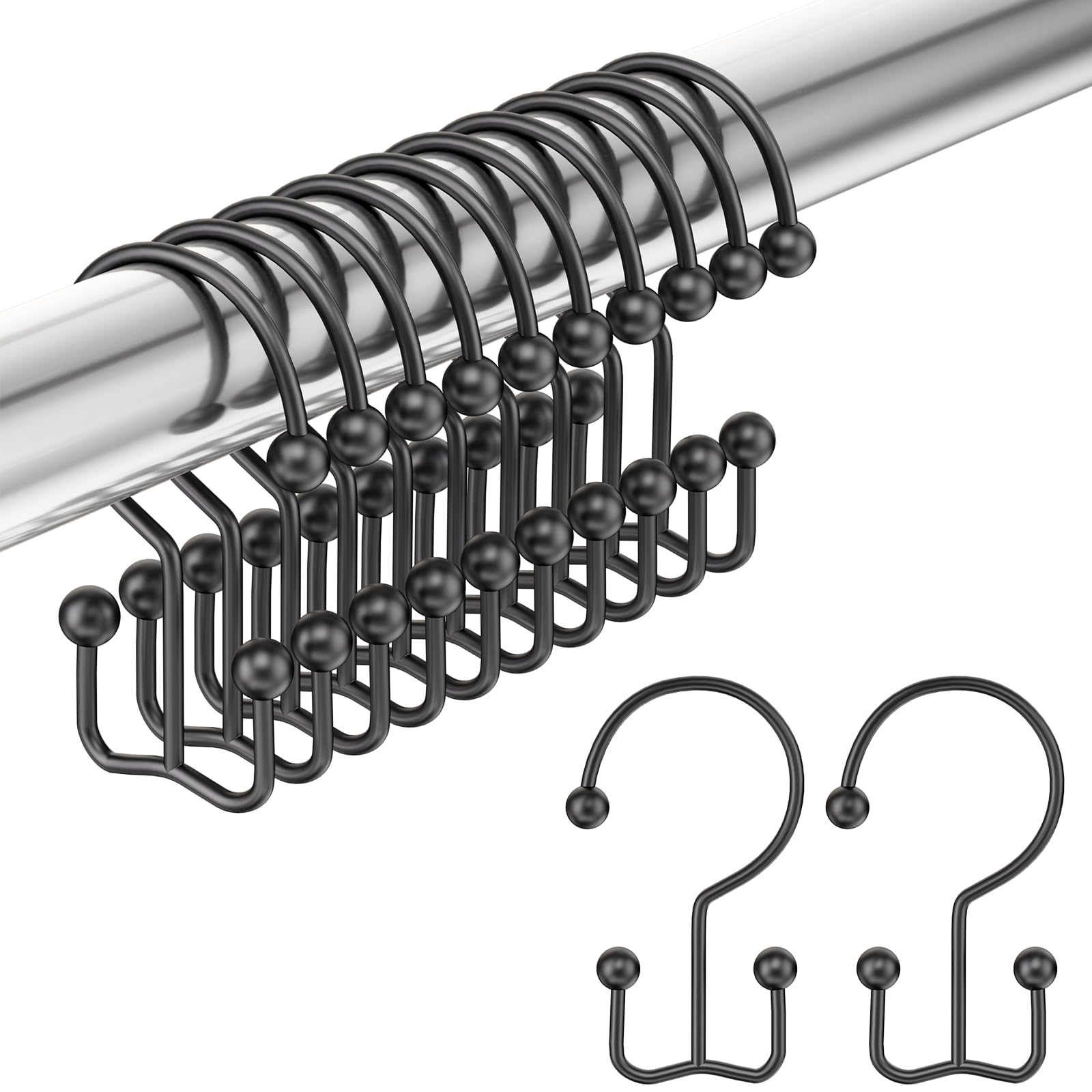 Amazer Shower Curtain Hooks Black Double Shower Curtain Hooks, Shower Curtain Rings Sturdy Stainless Steel Shower Hooks for Bathroom Shower Curtain Rod, 12Pcs Shower Curtain Hangers