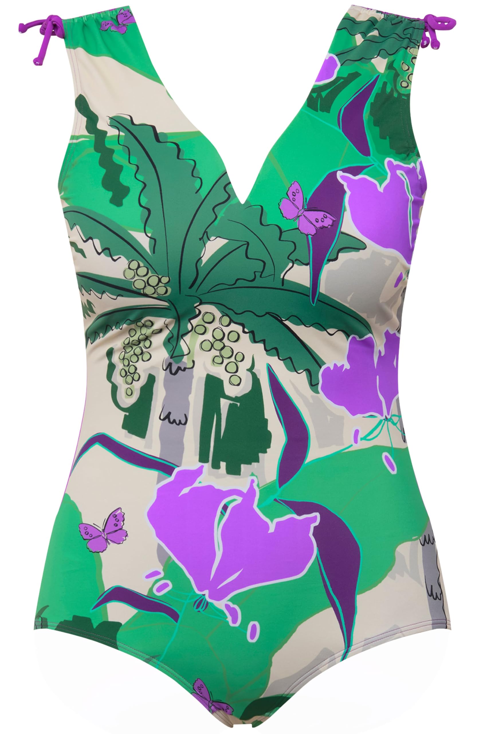Ulla Popken Femme Grandes Tailles Maillot de Bain, Motif Palmiers. Bonnets Souples. Rubans à froncer sur Les épaules. Matière recyclée 826432