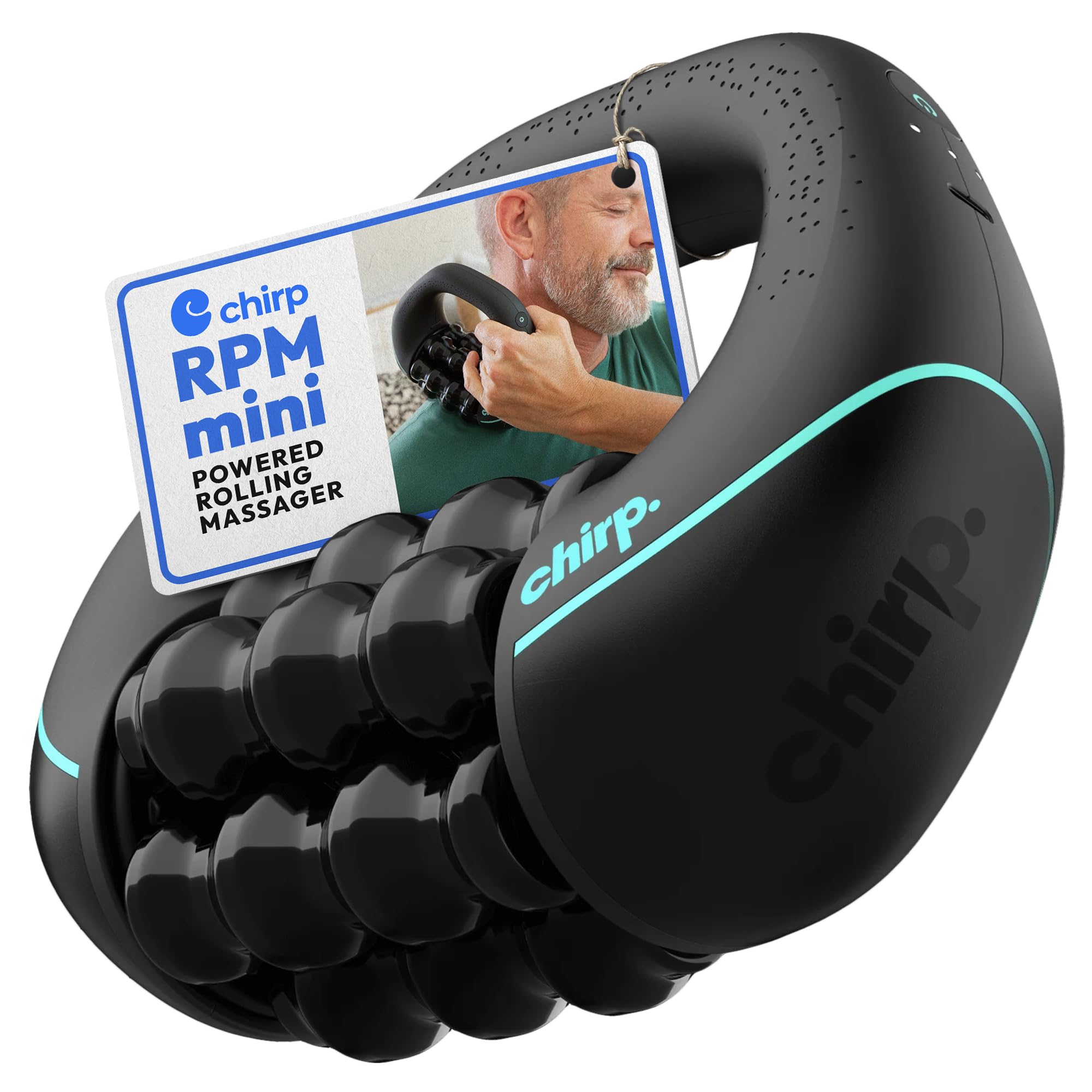 Chirp RPM Mini - Rolling Percussive Massager, Percussive Therapy, Whole Body Relief, Deep Tissue and Muscle Recovery, Percussion Massage, Rechargeable, Hands-Free Base, Powerful, 3-Speed Spin