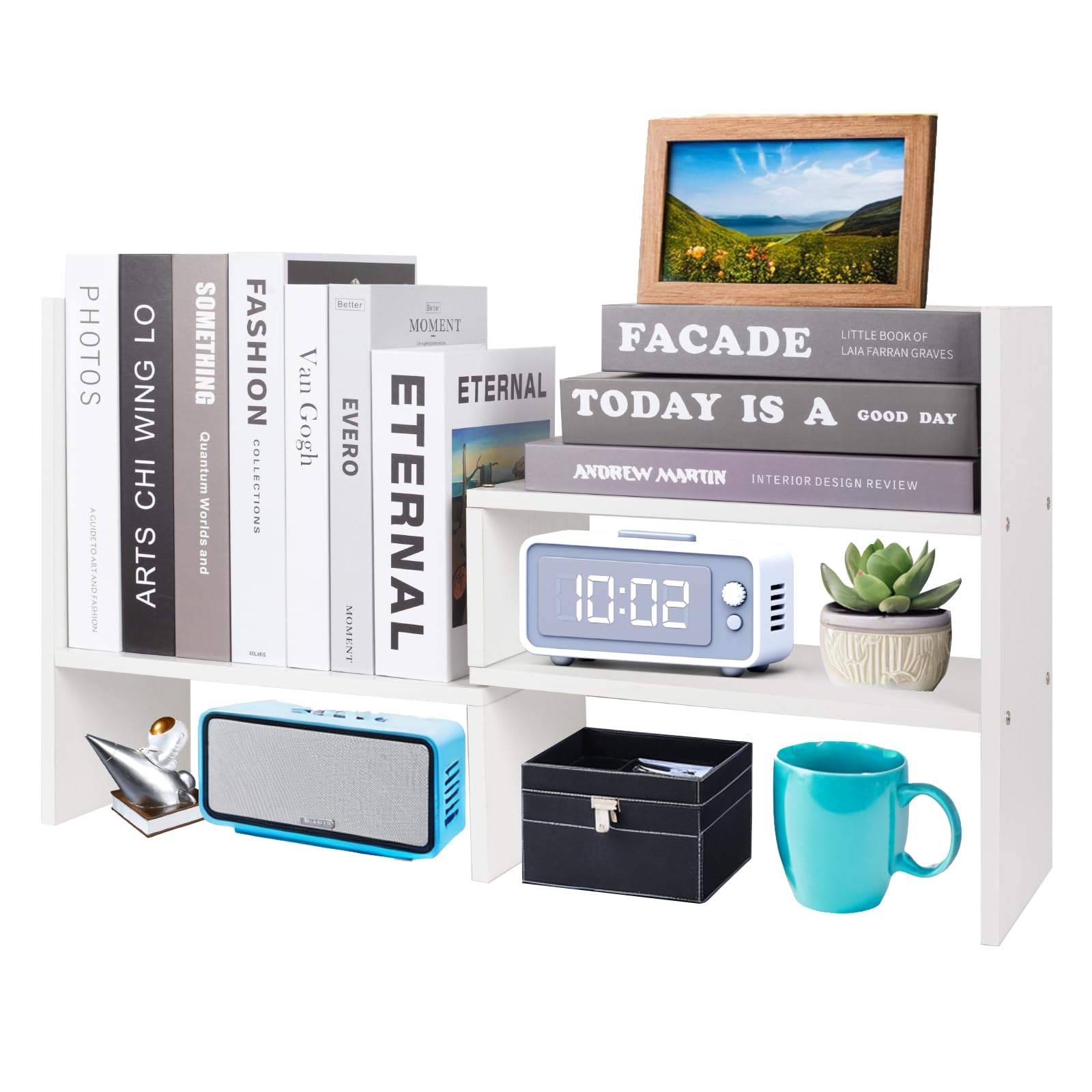 PowerKing Wood Desktop Organizer, Adjustable Display Shelf Rack for Home Office Desktop Storage Supplies Organization (White)