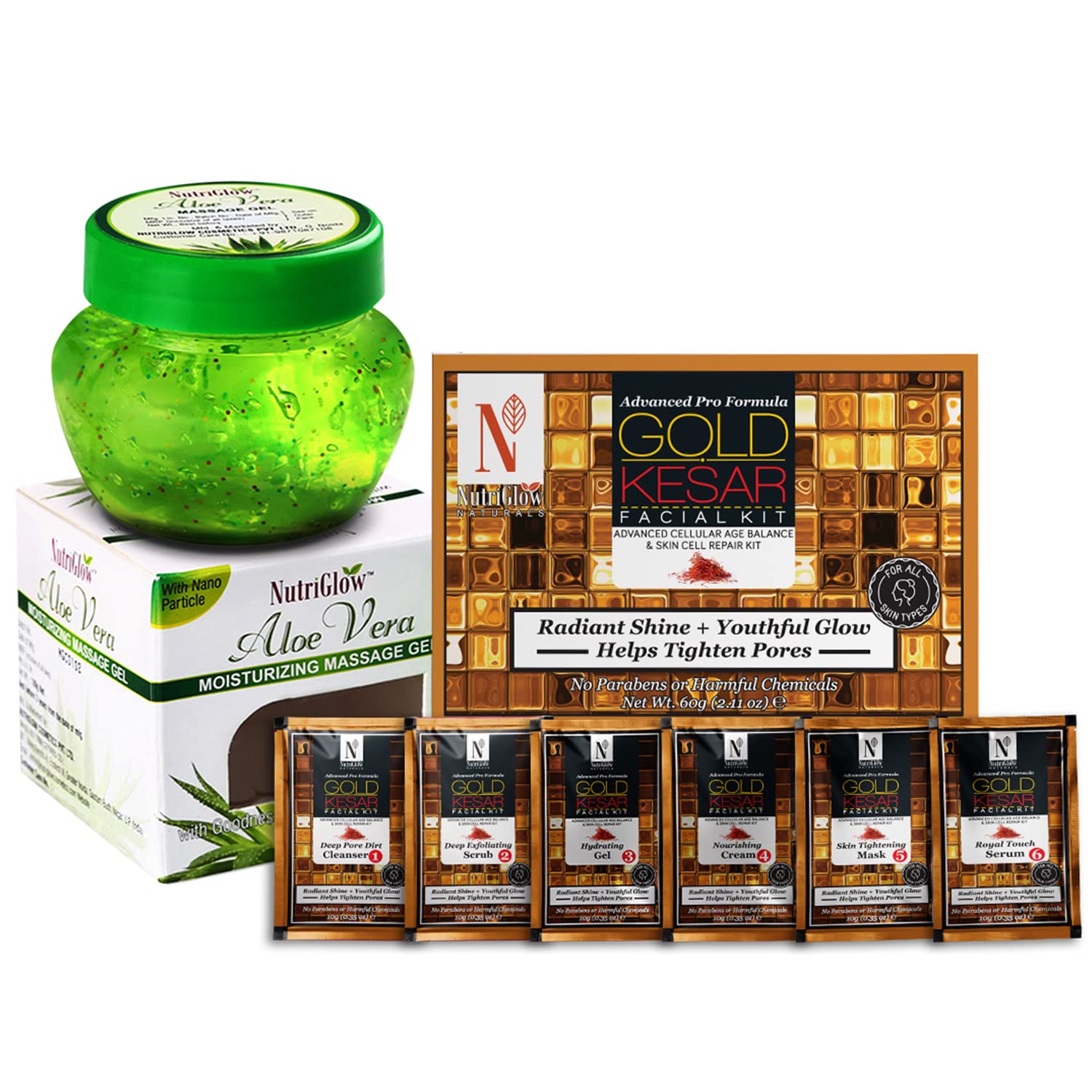 NutriGlow NATURAL'S Advanced Pro Formula Gold Kesar Facial Kit (60gm) and Aloe Vera Moisturizing Massage Gel (100gm) for Skin Hydrating, Reduce Acne, Pack of 2-image-41